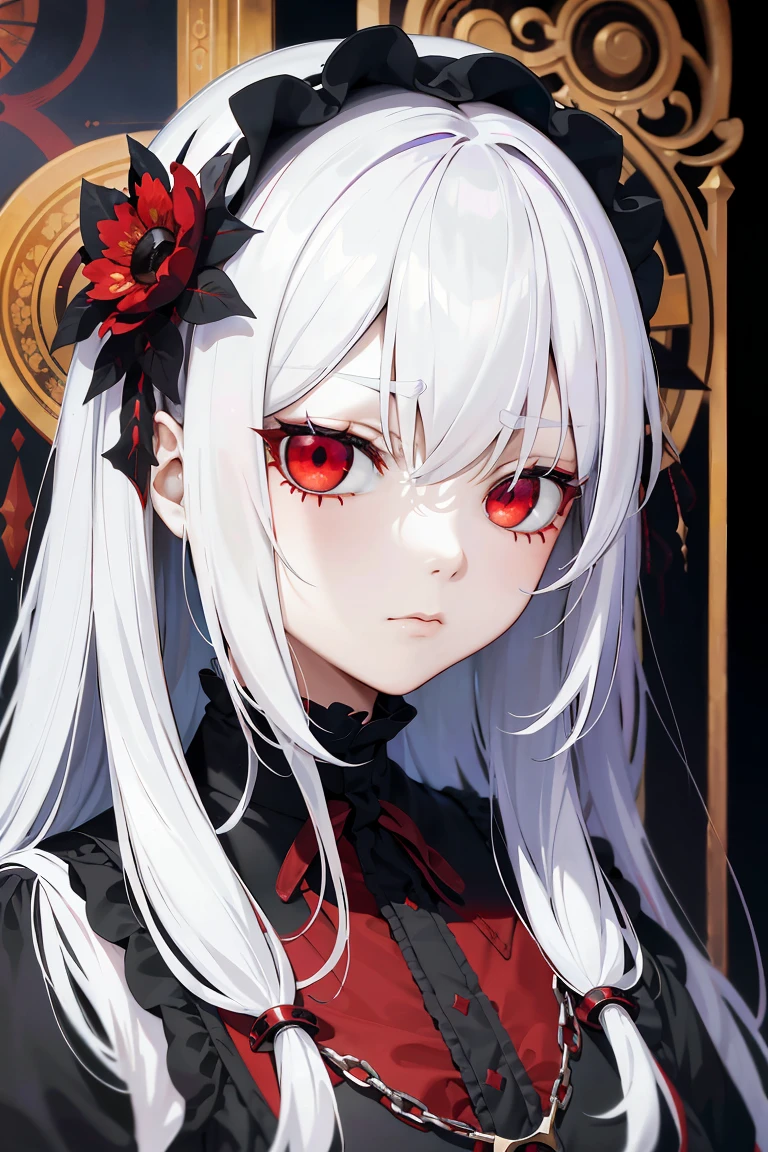 Gothic portrait,White hair and red eyes,Blood Clan,Flower frame,Decorative panels,Abstract art,Alphonse Mucha(tmasterpiece,beste-Qualit,hight resolution:1.4),detailed,ComplexДетали,4k,A splash of color,line art,Fibonacci,