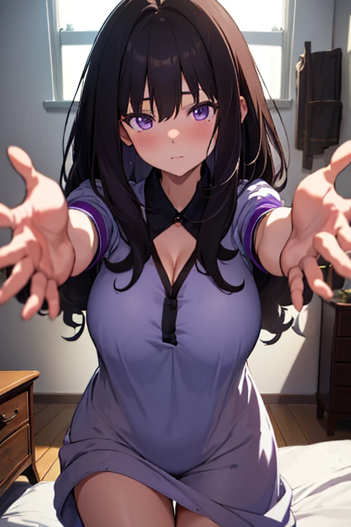 (masterpiece, best quality, highres, UHD, perfect pixel), Inoue Takina, Long hair, Bangs, Black hair, (Purple eyes:1.2), medium breasts, indoor, bedroom, dynamic pose, busty, perfect body, POV, close up, blushing, (cleavage:0.8), nightgown, minimalist shirt, panties, natural light, Incoming hug