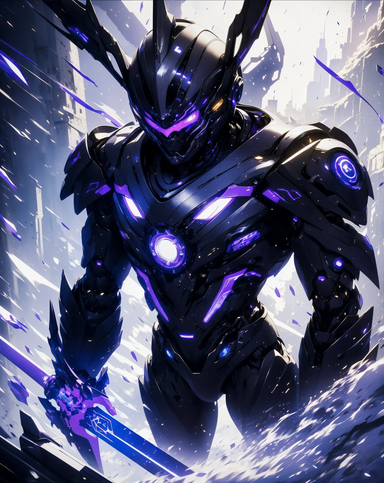 a close up of a person in a purple costume holding a sword, purple armor, sleek purple armor, 8k hd wallpaperjpeg artifact, 8 k hd wallpaperjpeg artifact, ethereal and mecha theme, sigma from overwatch, purple glowing core in armor, menacing. unreal 5, cyber suit, cyber armor, 8 k high detail concept art, ultra wide shot, full body shot, (masterpiece) ， the best quality， High Quality， （futurism：1.1）， （A paladin holding a light infused sword, light magic, divine, magewave, silver and gold）， movie lights， （Exquisite future）， Beautiful and beautiful， Ultra detailed， Great composition， floating， Depth of field， （Very detailed CG，Unity 8k壁纸）， （Beautiful detail background）， Beautiful hair details， dramatic lights， GOGETTA， mecha，Bestquality，ultrahighres，photorealistic, Pale skin handsome man, wearing beautiful elegant black_red suit, dark_fantasy, curly long hair, red moon, pixiv, vampire, elegant spooky, ffxiv, dramatic light, fantasy background, manga style, Tsutomu Nihei style, vibrant co