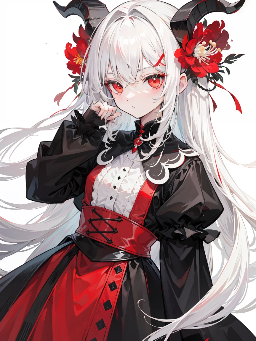 Masterpiece, Best Quality, flat color, limited palette, low contrast, 1 girl long straight white hair, Lycoris flower, Goat skull, (Red, black)