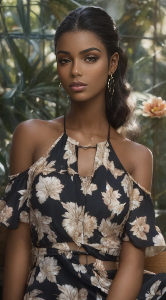 Mujer Araffe con un vestido floral sentada en un banco, Elegantes estampados tropicales, maria borges, moreno, Detalles florales, con piel morena, Retrato de belleza bronceada, piel oscura, Modelo editorial, piel morena, belleza intrincada, motivos florales, Cerrar retrato, Joven negra, Imaan Hammam, Hermosa modelo joven, Hermosa modelo fe******