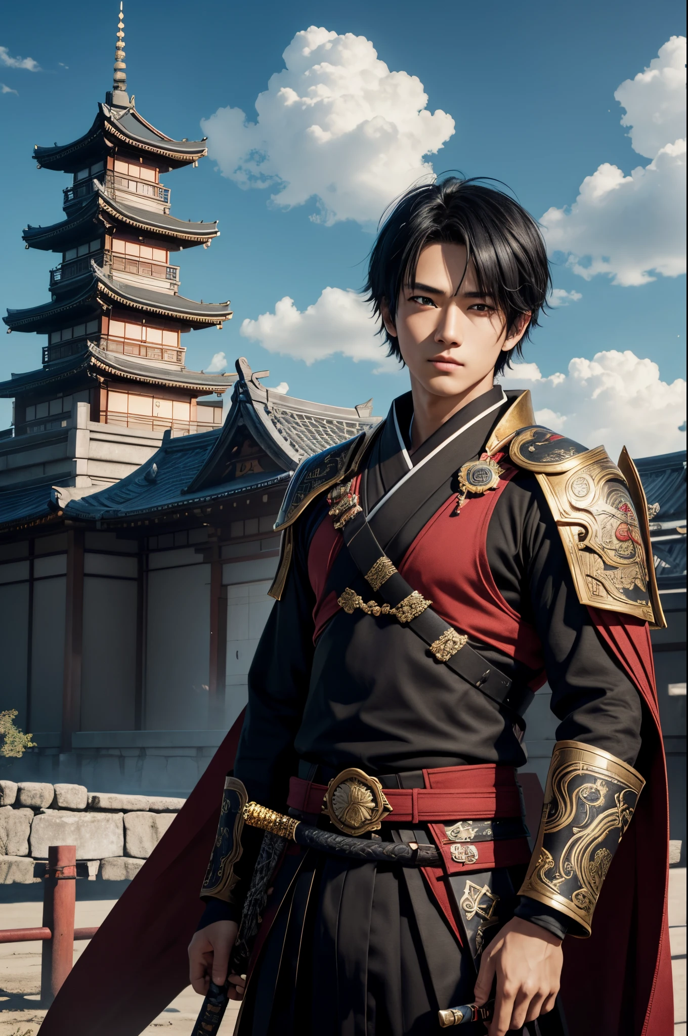 8K、独奏、16Year old boy,Handsome boy,handsome boy with dark eyes,Black hair short bob hair,Black and red exterior,Golden decoration(Armed with a long Japanese sword)、facing the front there、ruins,magnificent artwork、Wind effect:1.9、cloud effect:1.2、Full Rendering、Encaustic Painting、unrealengine、1Japan sword of the book,An expression that remains innocent,Cute Boy,Cute,