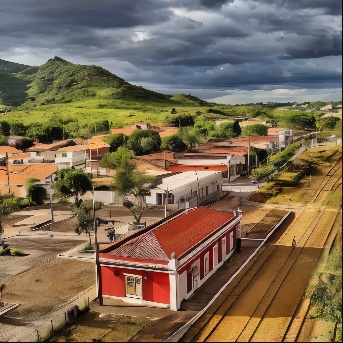 a view of a train station with a train on the tracks, Directed by: Fernando Gerassi, Directed by: Luis Marsans, Directed by: Luis Miranda, Directed by: Juan Carlos Stekelman, Directed by: CeFerí Olivé, Directed by: Manuel Franquelo, by Emilio Grau Sala, Directed by: Giorgio Cavallon, city of Armenia Quindio, Directed by: Nandor Soldier
