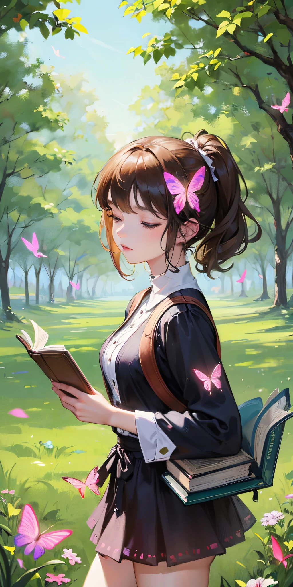 Please help me draw a picture，The content is：A girl with her eyes closed，Book in hand，There are butterflies on the head，Butterflies flying around，she is walking on the grass --auto --s2