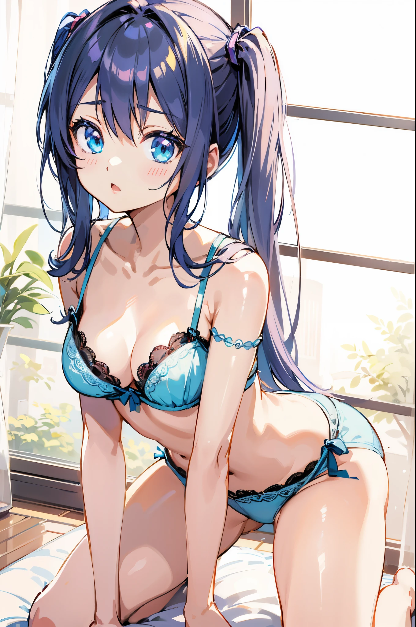 Anime girl in blue lingerie sitting on a bed with a window, Seductive Anime Girl, small curvy , beautiful alluring anime woman, beautiful alluring anime teenarming anime girls, pretty anime girl, Ecchi anime style, Beautiful anime girl, Cute anime girl, (Anime Girl), sophisticated gravure idol, Ecchi, Realistic Young Gravure Idol, anime moe art style
