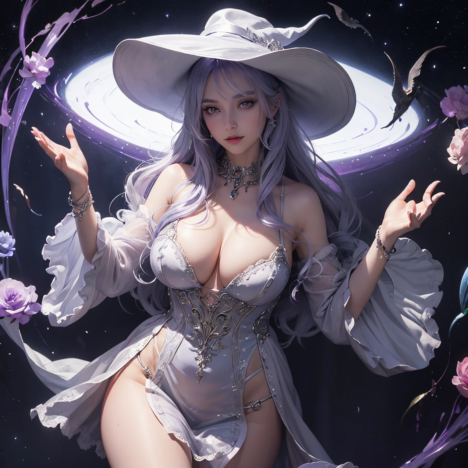 (masterpiece, best quality:1.2), cowboy shot, solo, full body, witch, silver bright hair, cleavage, confident, transparent dress, big hat, magic flowing through fingers, purple eyes