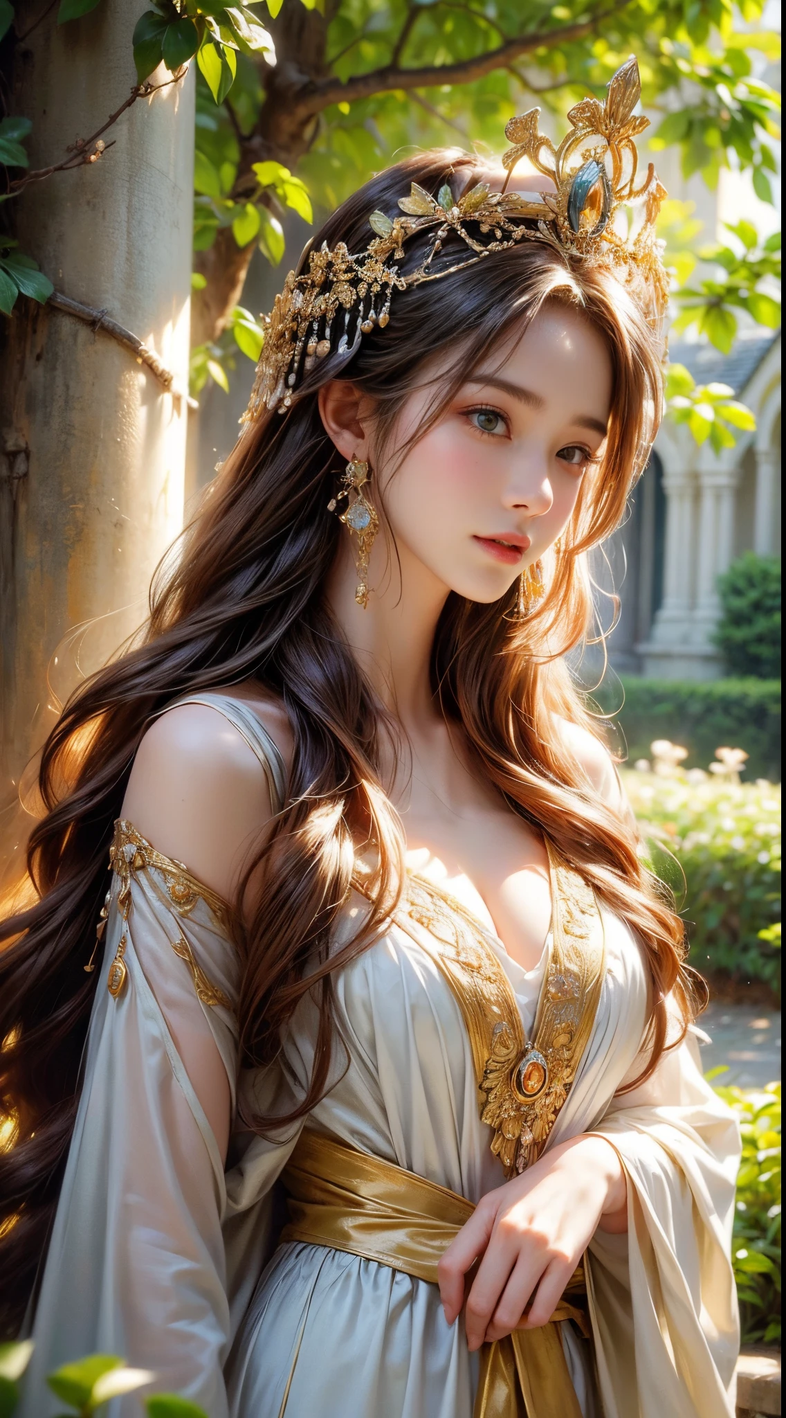 (Best quality at best,4K,8K,A high resolution,tmasterpiece:1.2),ultra - detailed,(actual,realisticlying,Photorealistic:1.37), vivd colour, gentlesoftlighting, An elegant and powerful presence, Breathtakingly beautiful, flowing robe, The golden crown on her head, floated hair, Goddess-like temperament, Ethereal atmosphere, majestic throne, celestial bodies around her, holy halo, Lush gardens,flowers blooming, Quiet and peaceful environment, Dappled sunlight filtering through the trees, Harmony between nature and goddess, sublime beauty.