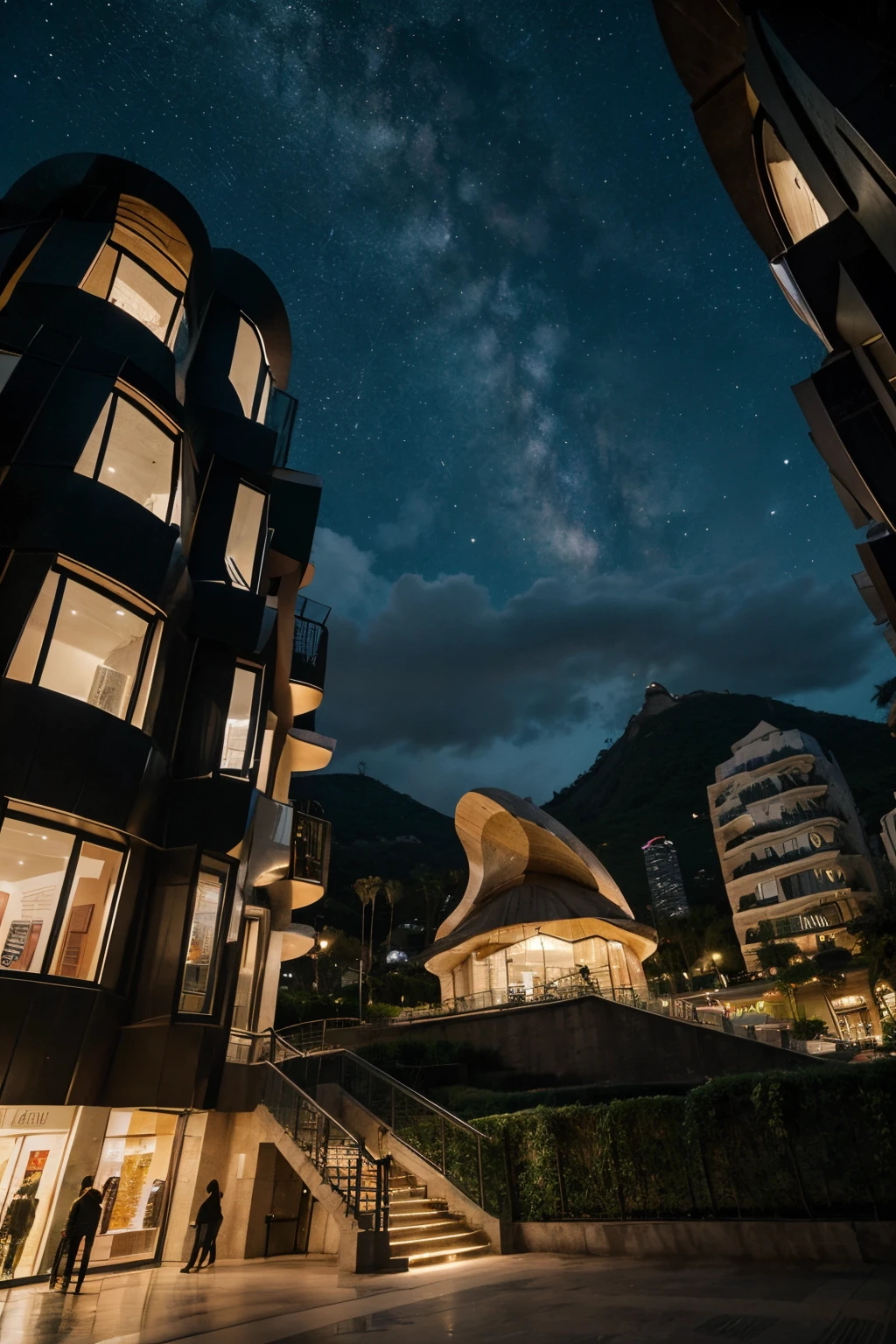 town square, Underground city, vegetation, Frank Gehry, Arquitetura Moderna, Pedra, Rocha, Parque, Asteca, outer space, vista de cima, cidade de pedra, starly sky, night  sky, arquitetura em pedra