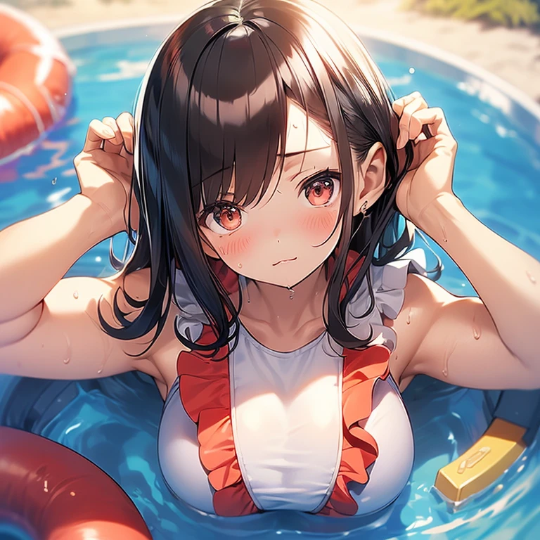 best quality, high resolution, pool, 1girl, blue competition swimsuit, (huge breasts:1.2), from above, looking up, sitting, wariza, Beautiful face, gorgeous eyes, half closed eyes, open mouth, (tongue out:1.2), mamako_oosuki, mature female, long hair, brown hair, purple eyes, bright pupils, ribbon, from front, (cum:1.8)