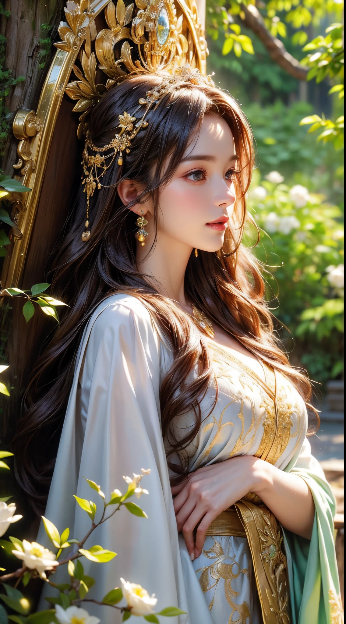 (Best quality,4K,8K,A high resolution,tmasterpiece:1.2),ultra - detailed,(actual,realistically,realisticlying:1.37), vibrant with colors, gentlesoftlighting, An elegant and powerful presence, It's breathtakingly beautiful, floating robes, The golden crown on her head, floated hair, Goddess-like temperament, Ethereal atmosphere, majestic throne, celestial bodies around her, holy halo, Lush gardens，flowers blooming, Quiet and peaceful environment, Dappled sunlight filtering through the trees, Harmony between nature and goddess, sublime beauty.
