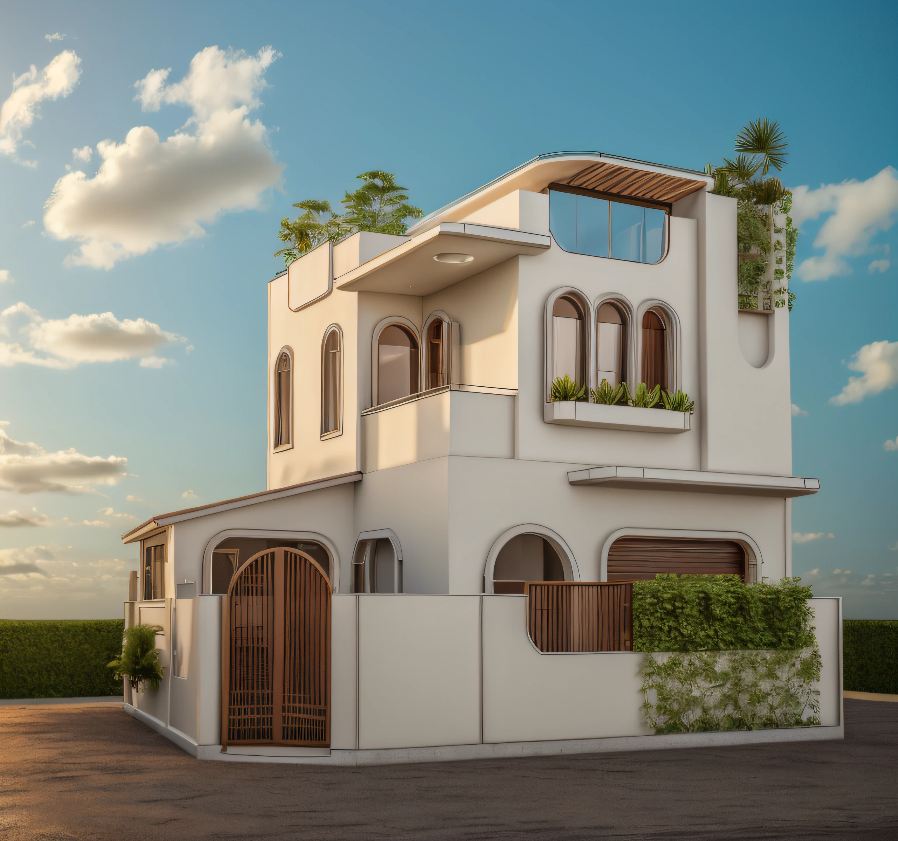 RAW photo,Masterpiece, high quality, best quality, authentic, super detail, exterior, outdoors, house style indochine with white wall, balcony, railing glass, refection glass windows, indoor furniture, plant and tree near the house, plant on the rooftop, ,grass,tropical garden, trees, beautiful summer sky, beautiful landscape with grass and flower bushes, plants, trees (day:1.2), vray, 8k, uhd, vivid colour