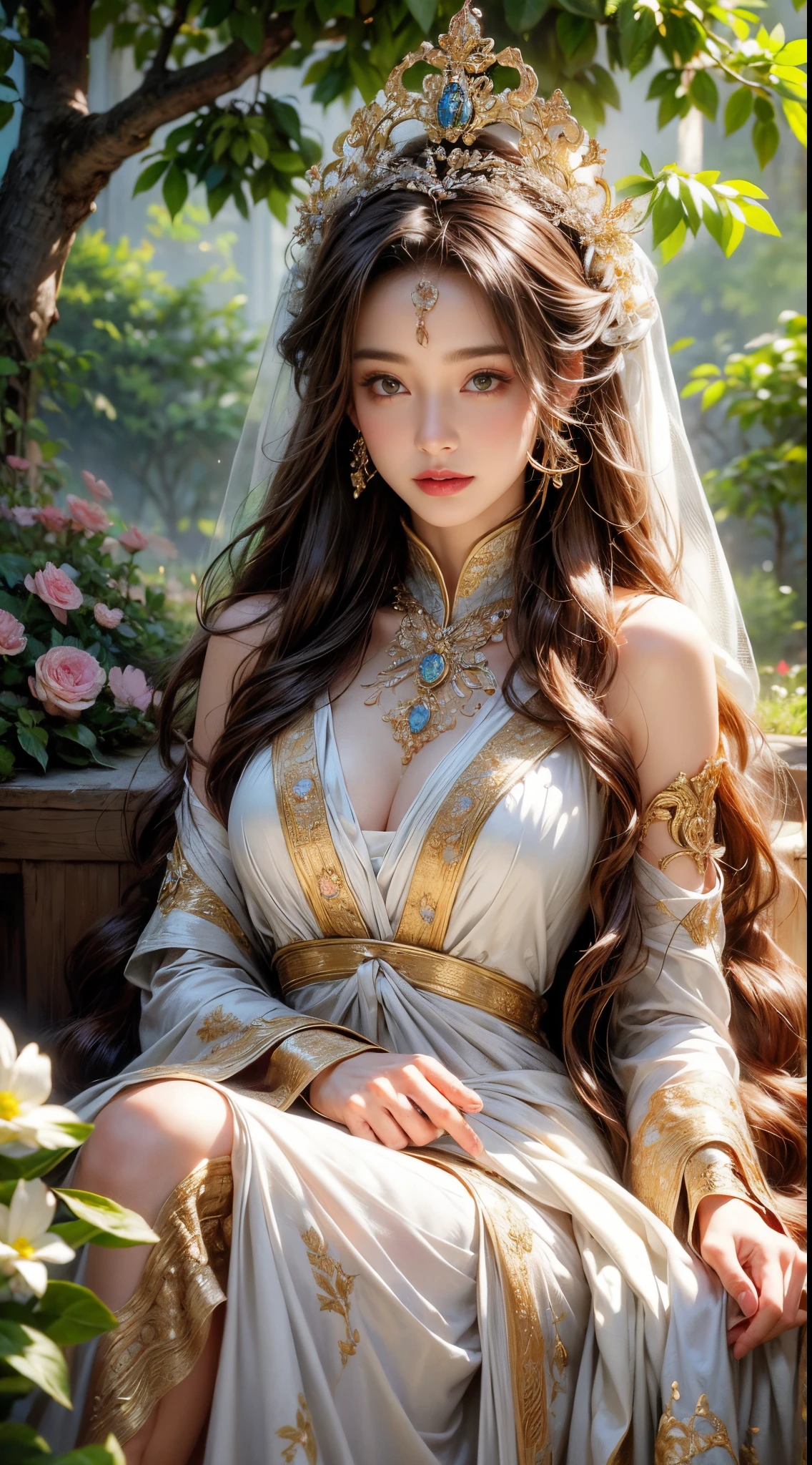 (Best quality,4K,8K,A high resolution,tmasterpiece:1.2),ultra - detailed,(actual,realistically,realisticlying:1.37), vibrant with colors, gentlesoftlighting, An elegant and powerful presence, It's breathtakingly beautiful, floating robes, The golden crown on her head, floated hair, Goddess-like temperament, Ethereal atmosphere, majestic throne, celestial bodies around her, holy halo, Lush gardens,flowers blooming, Quiet and peaceful environment, Dappled sunlight filtering through the trees, Harmony between nature and goddess, sublime beauty.