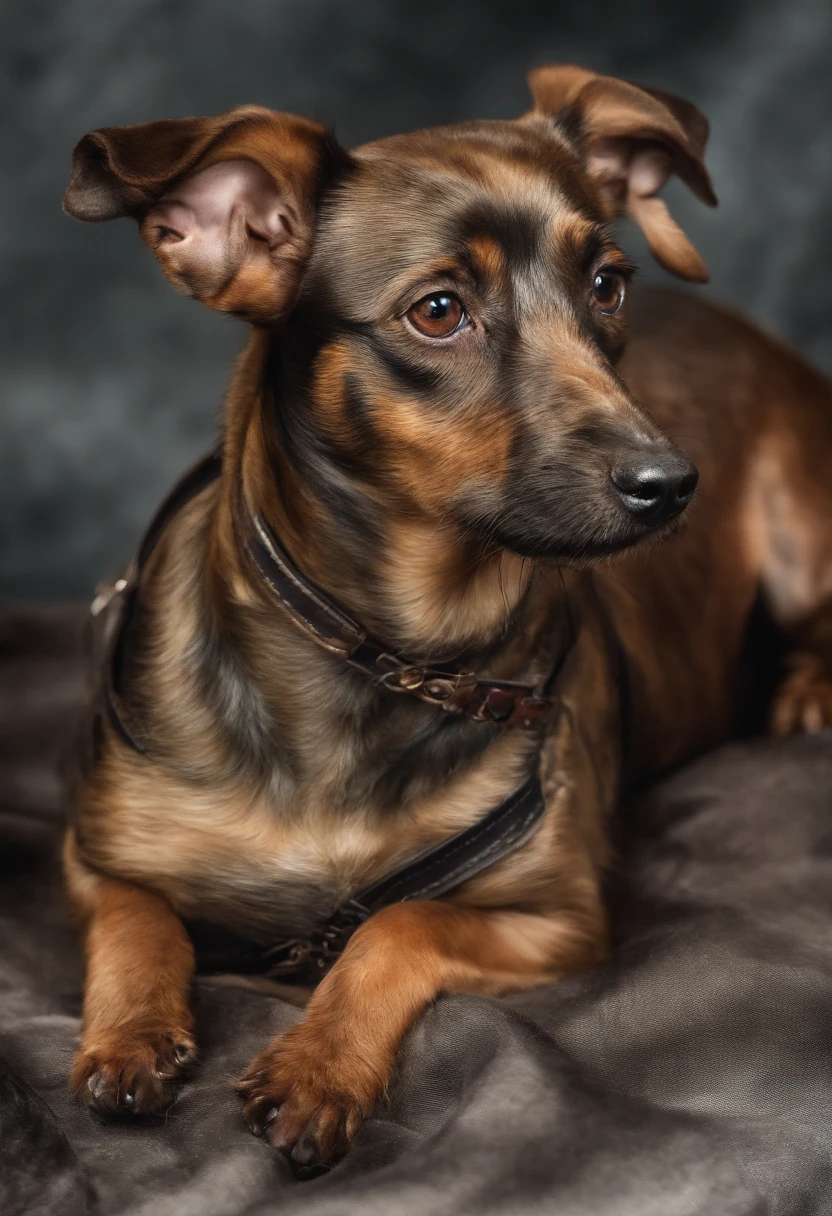 Polly (dachshund terrier mix with black and brown hair) of the highest quality, Dramatische Beleuchtung, bedrohliche Pose, grimmiger Blick, Epic atmosphere, (((Helm in Form eines dackel terrier kopfes))), (((full-body shot))),Metal dachshund terrier mix with black and brown hair, Cyborgs, Cyberpunk-Stil, Uhrwerk, ((Komplizierte Details)), NFFSW, ((Komplizierte Details, HyperDetails)), lightbulbs, Filmische Aufnahme, Vignette, Bokeh-Effekt Beckground, (Hunde), (full-body shot).