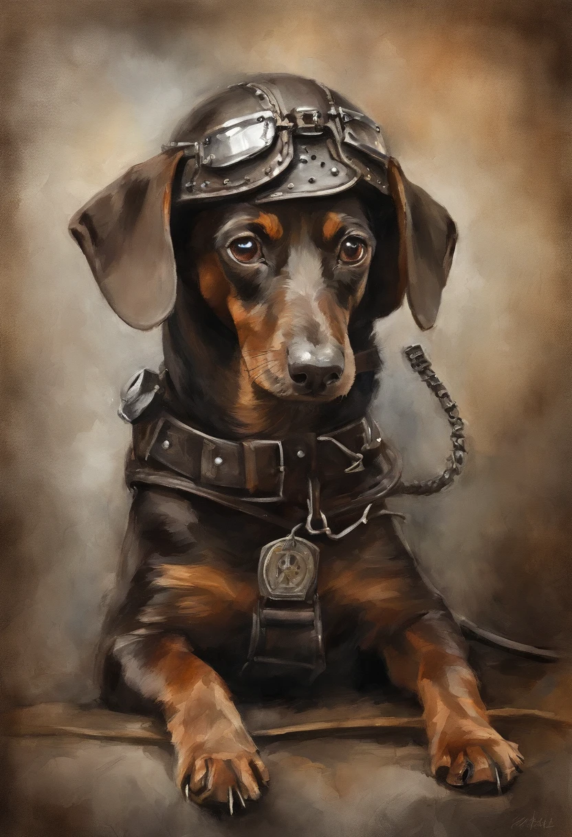 Polly (dachshund terrier mix with black and brown hair) of the highest quality, Dramatische Beleuchtung, bedrohliche Pose, grimmiger Blick, Epic atmosphere, (((Helm in Form eines dackel terrier kopfes))), (((full-body shot))),Metal dachshund terrier mix with black and brown hair, Cyborgs, Cyberpunk-Stil, Uhrwerk, ((Komplizierte Details)), NFFSW, ((Komplizierte Details, HyperDetails)), lightbulbs, Filmische Aufnahme, Vignette, Bokeh-Effekt Beckground, (Hunde), (full-body shot).
