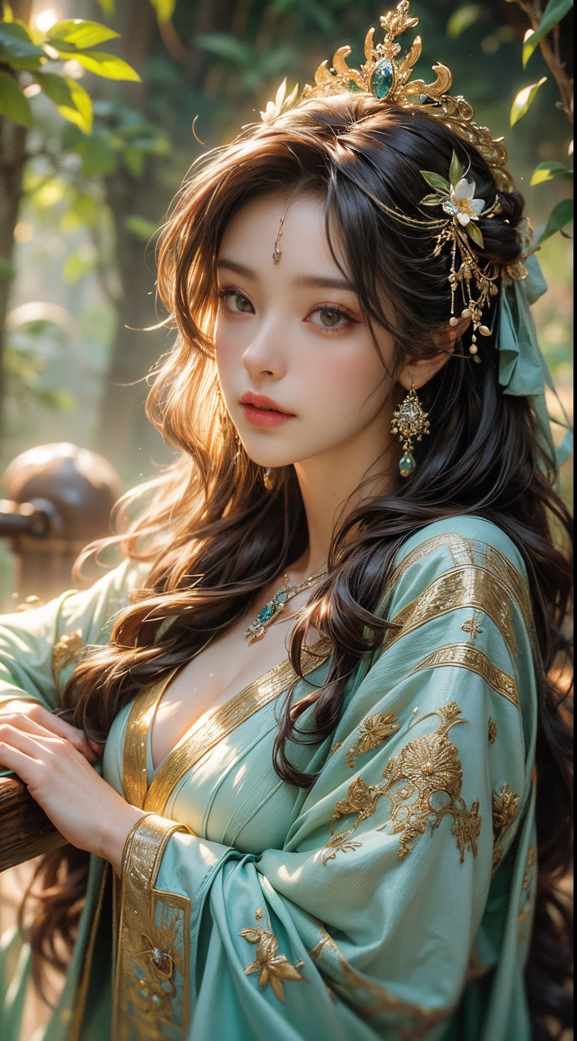 (Best quality at best,4K,8K,A high resolution,tmasterpiece:1.2),ultra - detailed,(actual,realistically,realistically:1.37), Vibrant colors, gentlesoftlighting, An elegant and powerful presence, It's breathtakingly beautiful, floating robe, The golden crown on her head, floated hair, Goddess-like temperament, Ethereal atmosphere, majestic throne, celestial bodies around her, holy halo, Lush gardens,flowers blooming, Quiet and peaceful environment, Dappled sunlight filtering through the trees, Harmony between nature and goddess, sublime beauty.