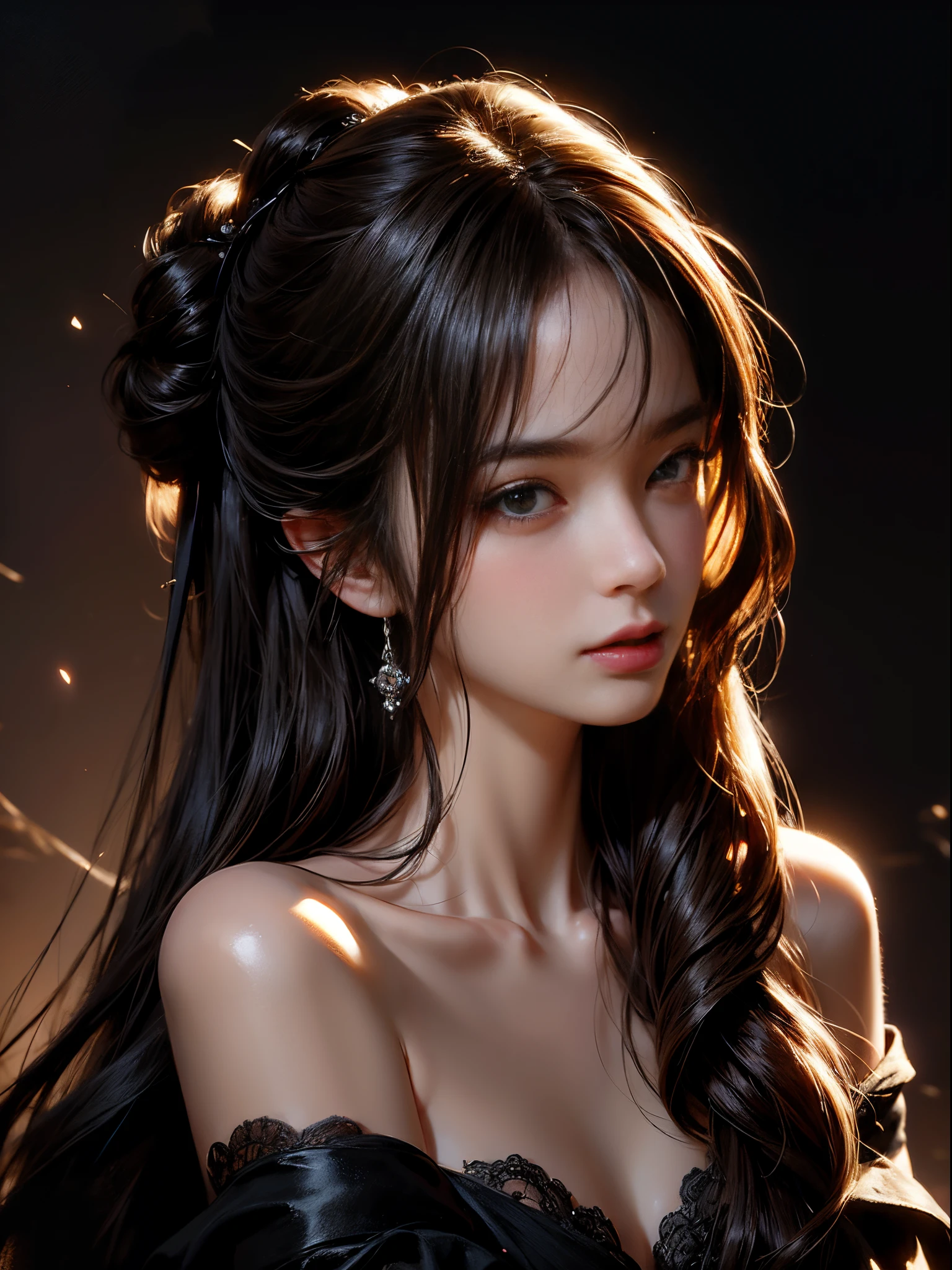 A girl with bare shoulders stands in the dark, Features deep shadows and cool tones. Images should be of the best quality and considered masterpieces, Realistic rendering with ultra-high resolution and 1.4 intensity. Photos should be original, Capturing the understated beauty of girls. The focus should be on the detailed facial features of the girl, including her expressive eyes, Delicate nose, and luscious lips. Lighting should be dramatic, Cast captivating light and shadow，Enhance the mysterious atmosphere.