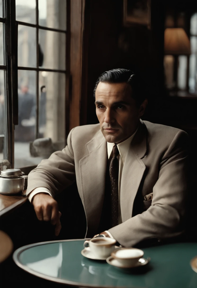 A photo of Fredo sitting in a cozy coffee shop, staring wistfully out the window as he sips his latte.,The Godfather series,Fredo Corleone, a character from “The Godfather” series, portrayed by John Cazale, has a less imposing presence compared to other members of the Corleone family. He often appears slightly disheveled, with a softer, less confident demeanor. Fredo’s style is somewhat conservative, typically dressed in suits that are less refined than those of his brothers, underscoring his secondary status in the family hierarchy.
