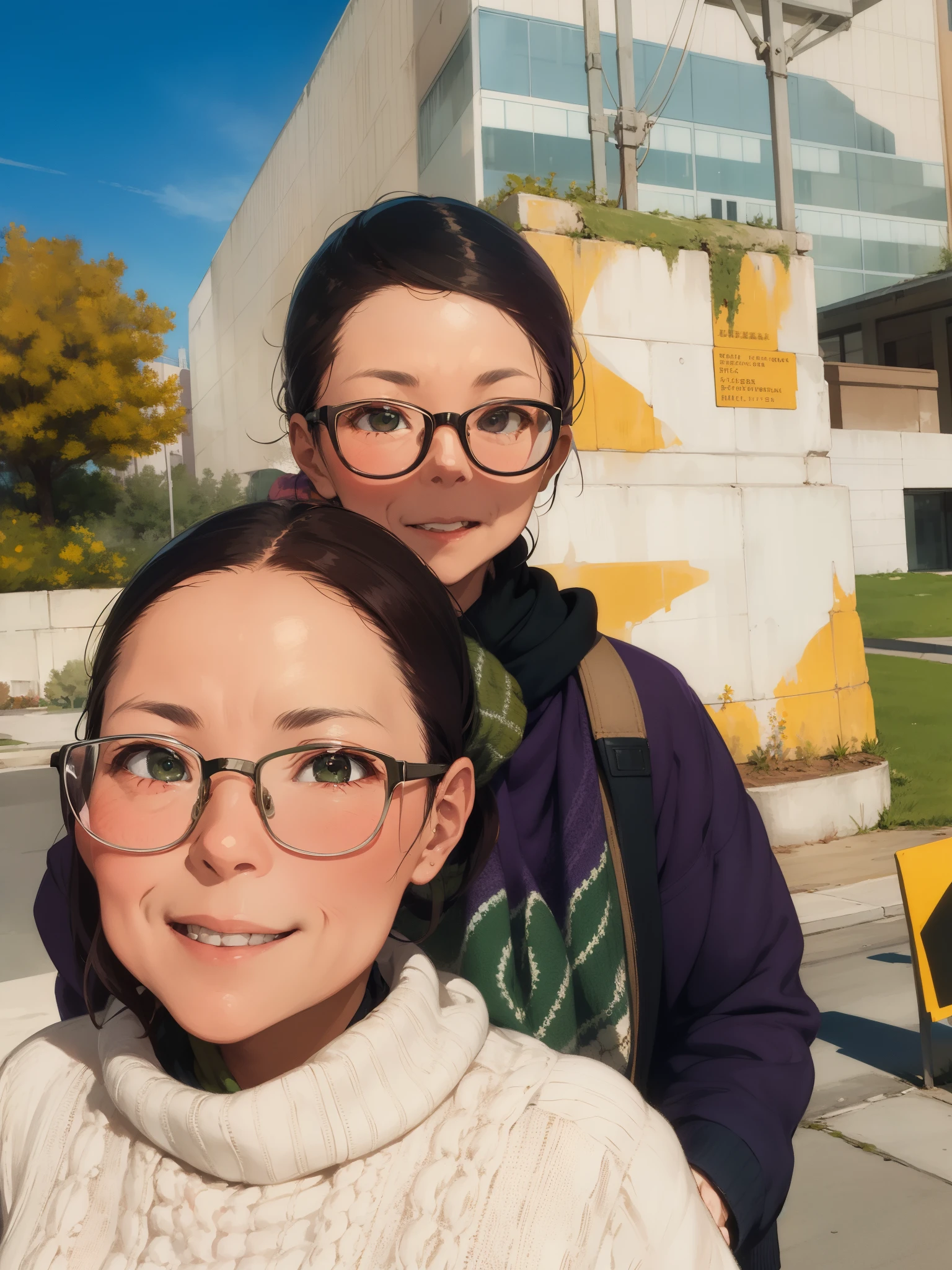 masterpiece, best quality, an old woman with glasses and a scarf on, wearing a purple coat and green scarf, standing at the park