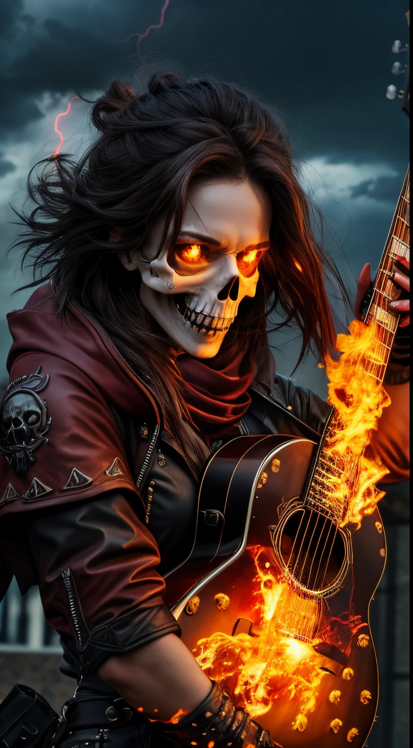 (best quality,Altas,master part:1.2),ultra-detalhado,Realistic:1.37,skull detailed with lightning and engulfed in flames, chuva com pedras de gelo ao fundo, acoustic guitar