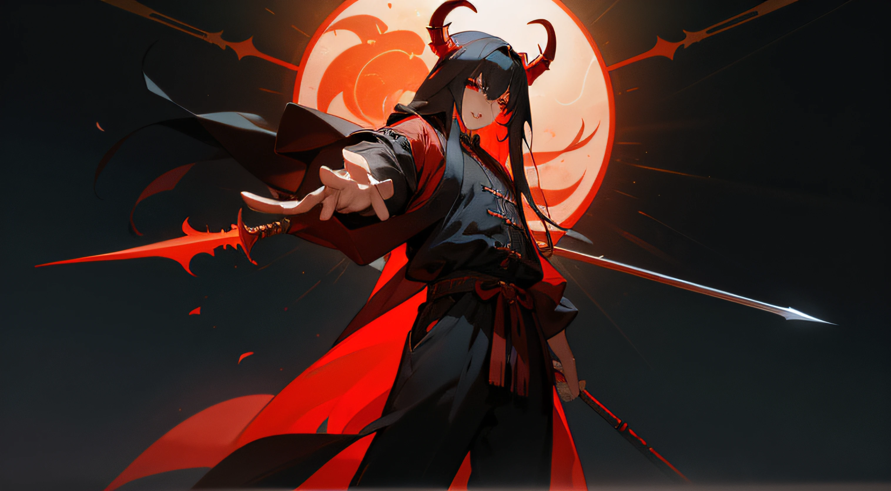 Create a character with long hair, from the back with a large black cape A katana on fire Eyes coming out of rays Black clothing with red stripes A scar on the arm A somewhat muscular body Acting like a swordsman In a destroyed city 