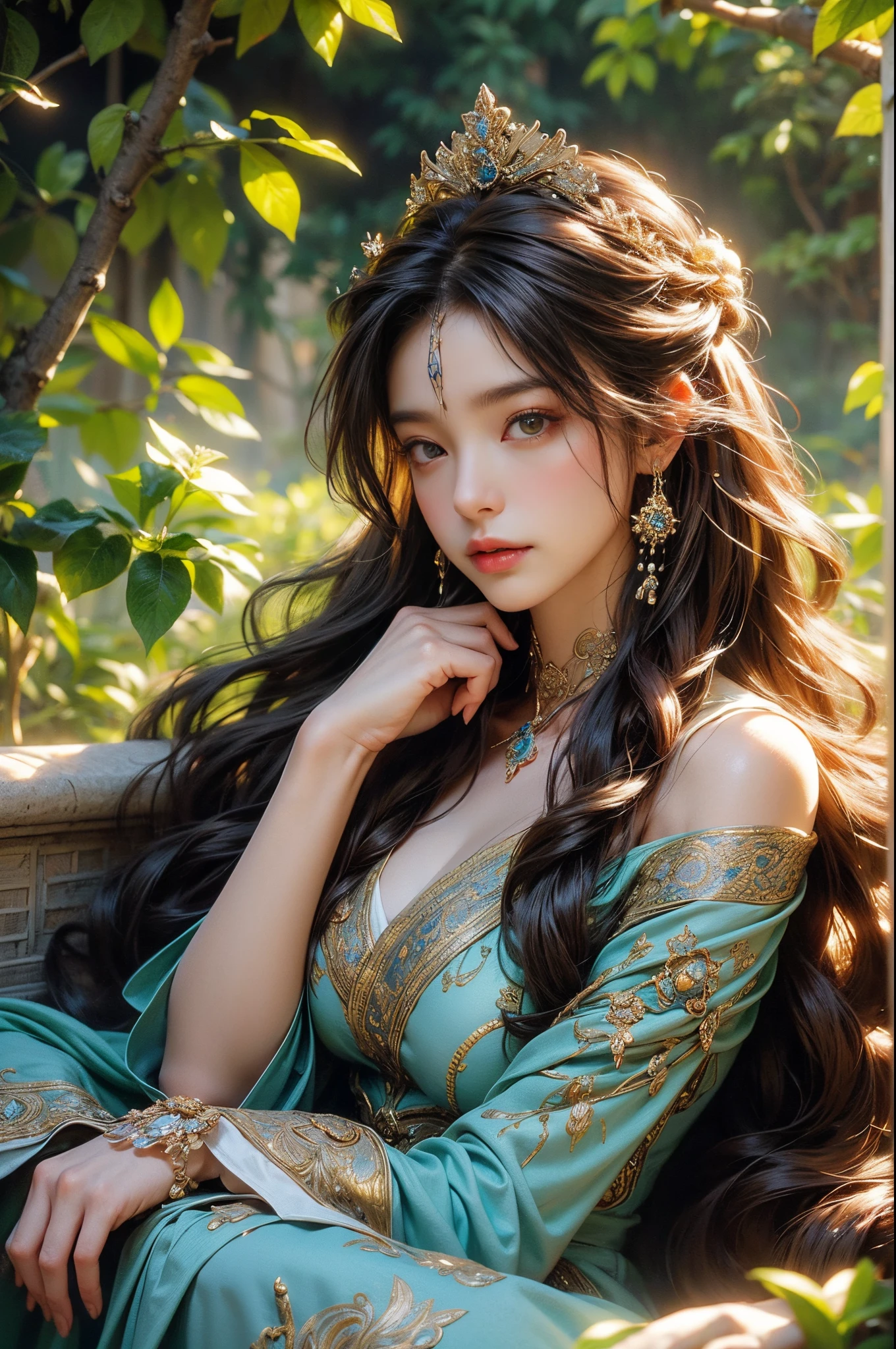 ((full body)), fashi-girl, red lips, mature female, makeup, photorealestic、real photograph、((realisticlying:1.5))、Brown hair、floated hair、A plump chest, Bigchest, cleavage, slender leg, Seductive legs, posing elegantly, Have extremely beautiful facial features、Beautiful hair accessories、perfect hand、(springtime、raining day、butterflys、River、is sitting on a rock、water play、Get wet all over your body)、Hefty Smile、 vectorial art、Chinese contemporary art、Soft lighting、a warm color palette