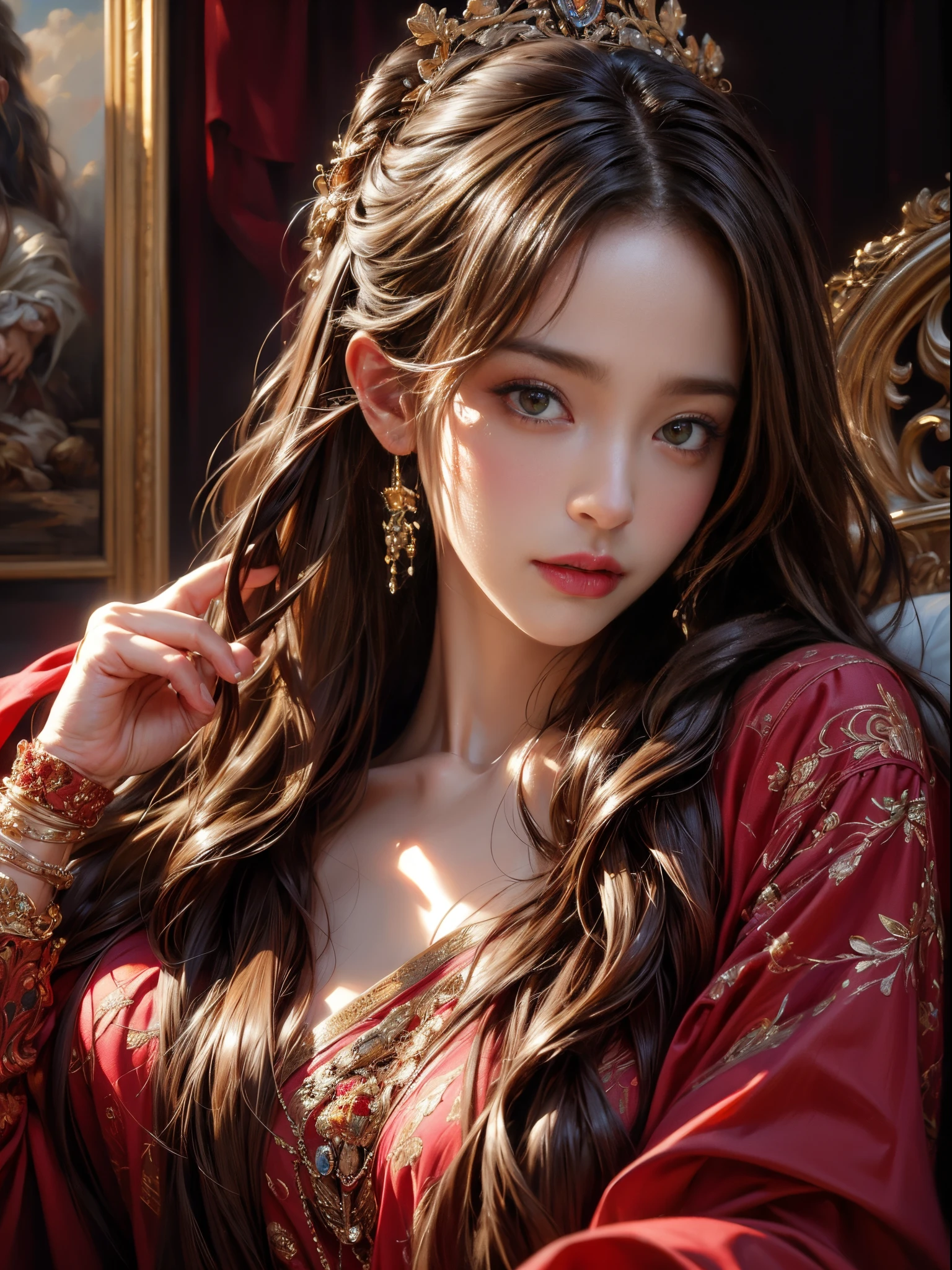 (best quality, highres, photorealistic:1.2), dramatic lighting, oil painting, detailed skin texture, long flowing hair, elegant pose, vibrant colors, fine brushstrokes, portraits, realistic make-up, intense gaze, delicate features, intricate background, professional illustration