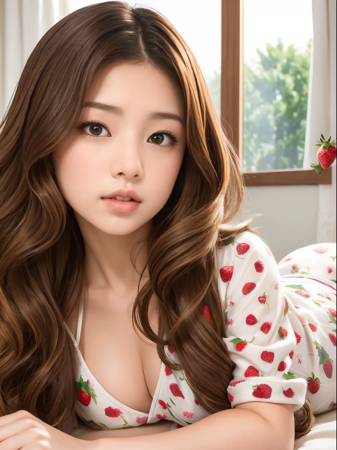 Girl with semi-long wavy brown hair, lying on her stomach looking at a photo of her boyfriend, in tender white pajamas and print strawberries, scenery of tender girl, emerald eyes,
