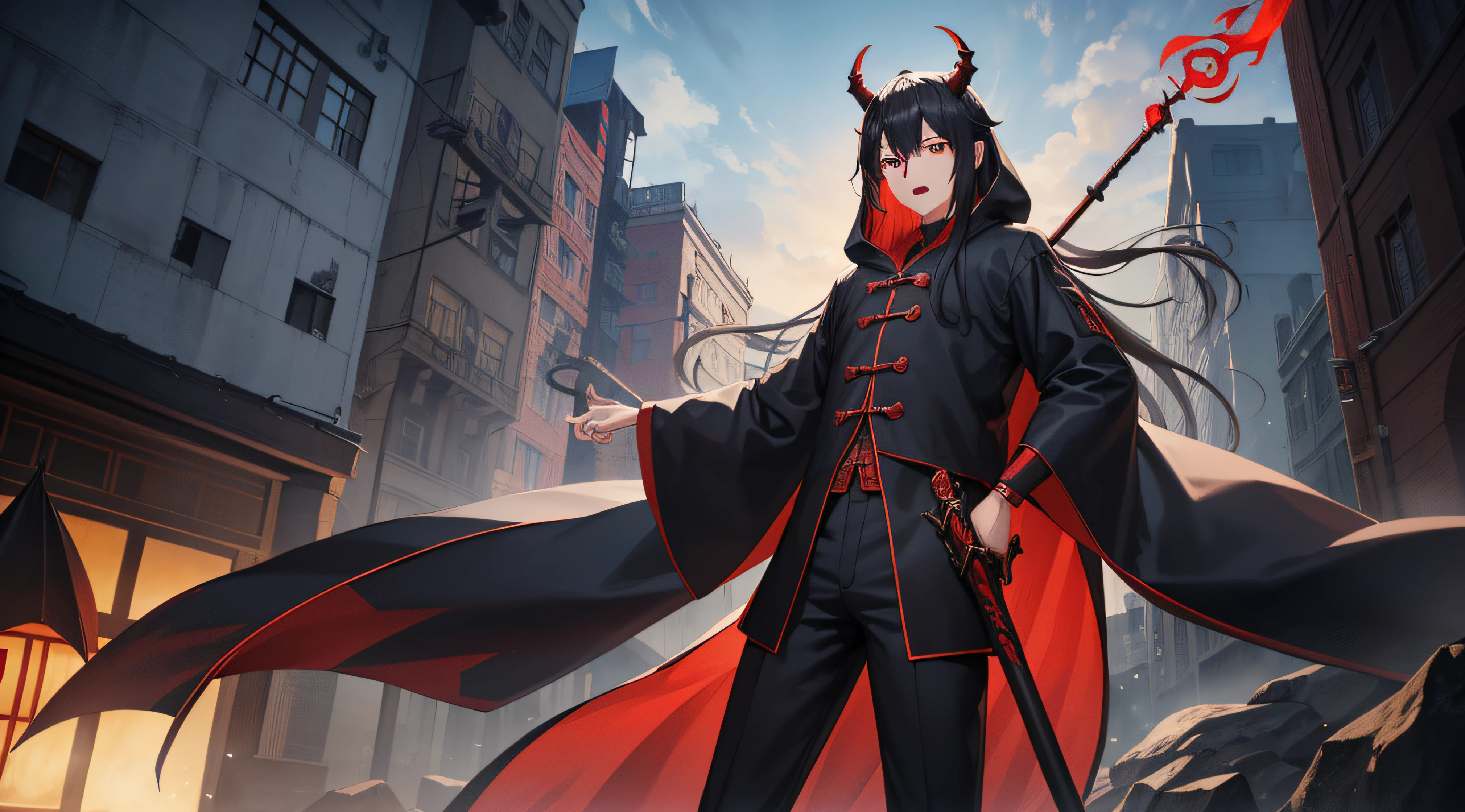 chinese style,Medium view Сцена,A Taoist monk stood in front of a huge transparent dragon,Reaching out your hands,long disheleved hair,Glow effect,Hyper-realistic,Ultra photo realsisim,black gangster outfit,hooded,Black pants,black red hair,medium-length hair,brown eye,horns demon,Cowboy shot,((Standing by the car, Leaning, showing off weapons, spear,night time)),open mouth, Three Eyes, enemy,