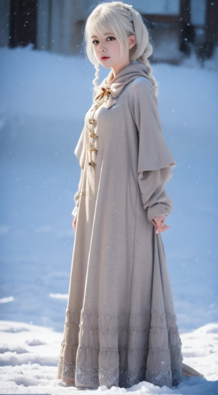 realisticlying, A high resolution, 1 Women, Alone, (Lolita costume)，Gorgeous costumes，face to the viewer，upper part of body，upper legs， beautidful eyes, White hair, eye socket, (external，Oyuki，Cloak，blanketed in a mantle of snow)，snow field，eBlue eyes，Illustrations of the highest quality，A detailed的the face