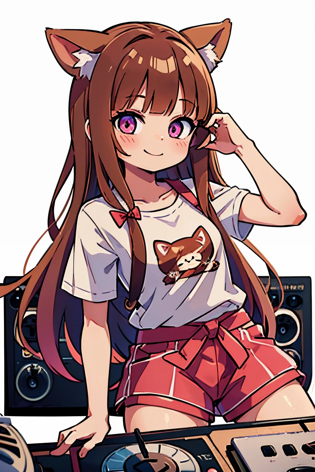 brown long hair with white bows, brown cat ears, human, girl, cute girl, pink short sleeved tshirt , shorts, smiling, posing, cute, anime, fully clothed, waist up picture, dj booth, djing, music