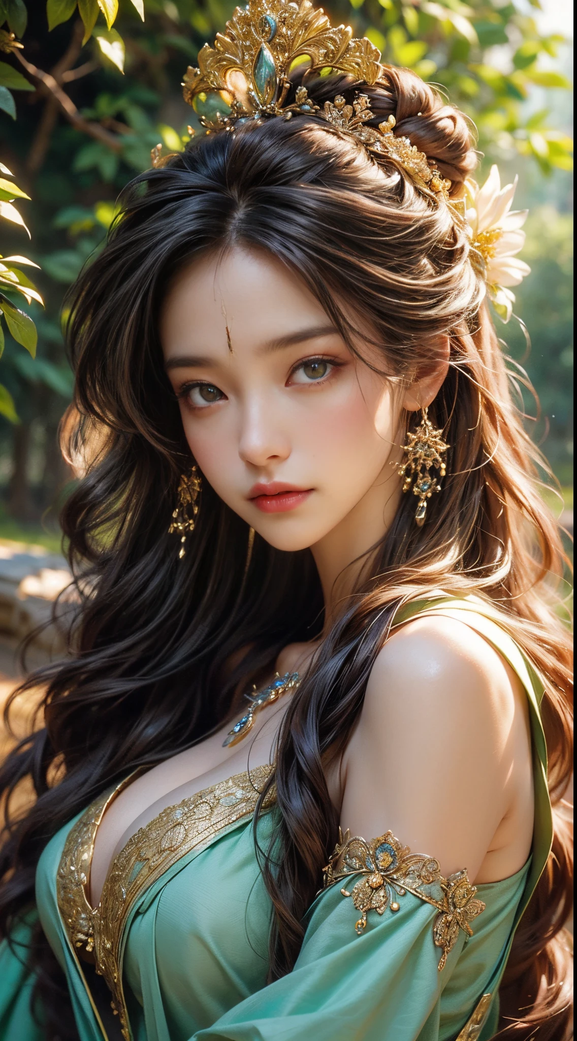 The best quality(4K,8K,high resolution,masterpiece:1.2), ultra-detailed,(realistic,photorealistic,photo-realistic:1.37), vibrant colors, soft lighting, an elegant and commanding presence, breathtakingly beautiful, flowing gown, golden crown on her head, flowing hair, goddess-like demeanor, ethereal atmosphere, majestic throne, celestial bodies around her, divine halo, lush garden with blooming flowers, serene and peaceful environment, dappled sunlight filtering through the trees, harmony of nature and the goddess, sublime beauty.