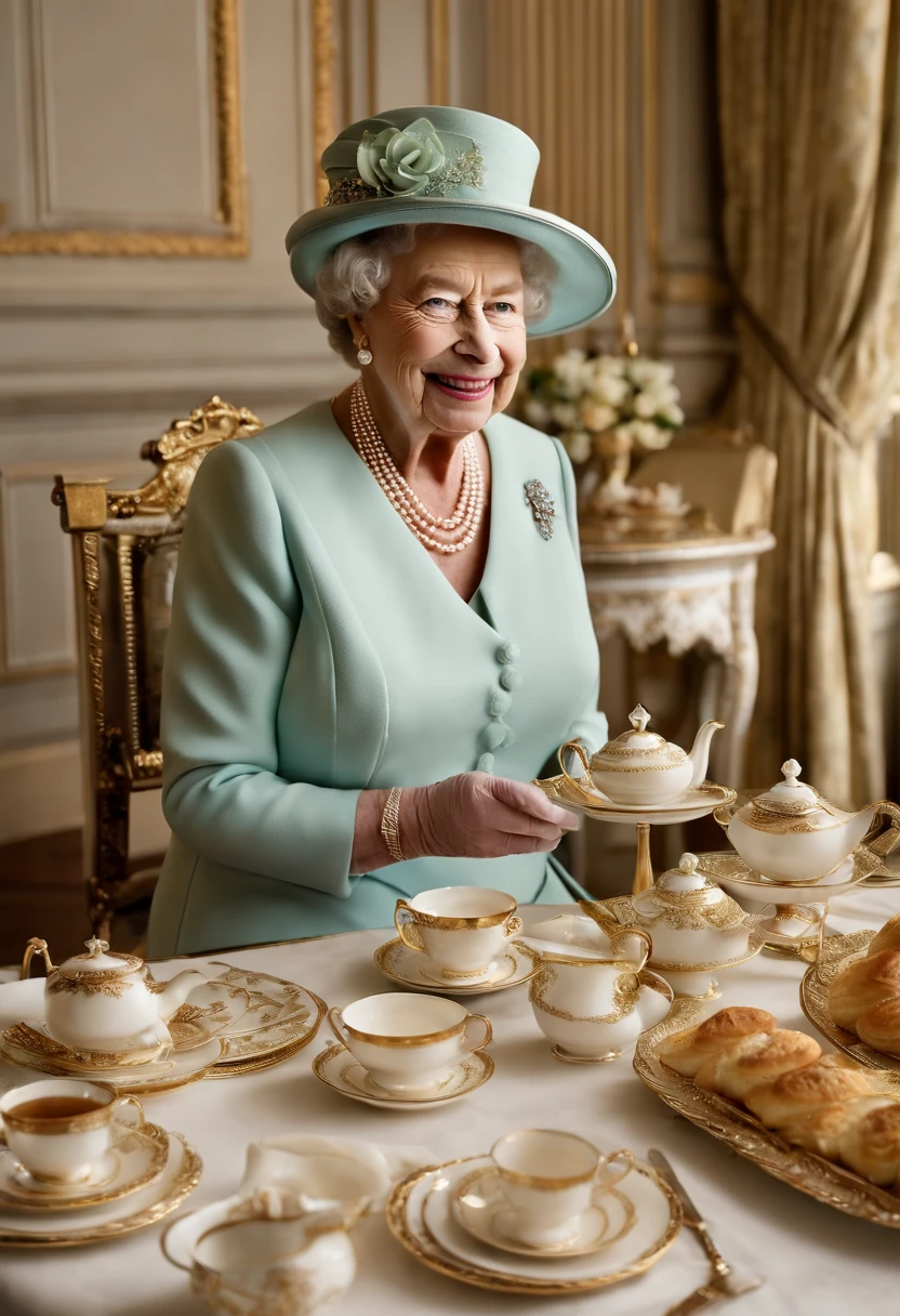 A photo of a lavish tea set with delicate china and pastries,Queen Elizabeth II,Queen Elizabeth II, known for her dignified and composed demeanor, typically appears in elegant, color-coordinated outfits, often accompanied by a matching hat and pearls, embodying the traditional and refined style befitting a monarch. Her appearance is marked by her signature hairstyle, kept consistent throughout her reign, and a warm, yet reserved smile that reflects her steady and composed nature.