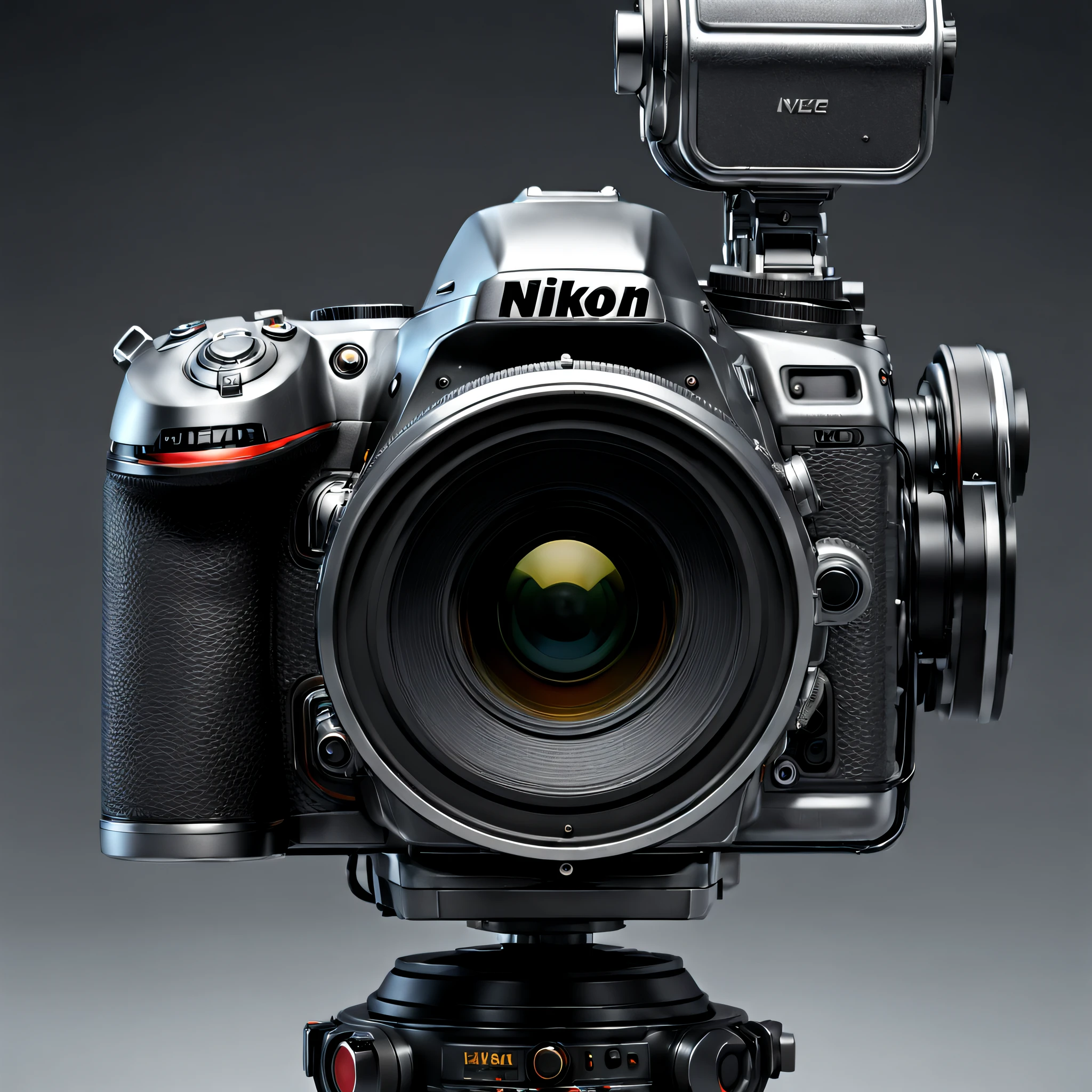 Metal camera with large zoom lens., Surreal sci-fi style, Unreal Engine5, Hyperrealistic sculpture, Realistic brush strokes, Surreal sci-fi style, DAZ 3D, glyphic, Made of metal, sketch factory, Set, Unreal Engine5, Photo Show, Detailed sketch, Realistic camera shooting, fine art photography, Realistic images, computer graphics, Photorealistic high detail, too detailed art. SLR camera, ultradetailed, photo realism, Ultra-realistic rendering of details, Stunningly realistic graphics, Highly detailed photography. NIKON, hyper realistic render, photoreal render, Highly realistic photography, background gray gradient