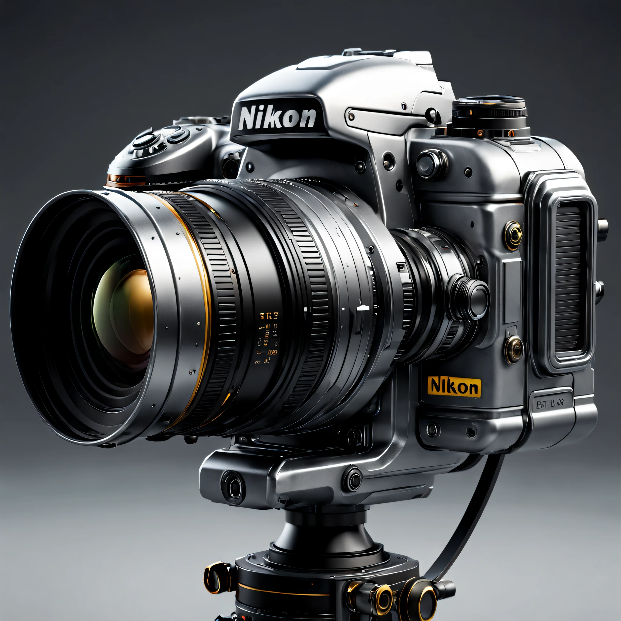 Metal camera with large zoom lens., Surreal sci-fi style, Unreal Engine5, Hyperrealistic sculpture, Realistic brush strokes, Surreal sci-fi style, DAZ 3D, glyphic, Made of metal, sketch factory, Set, Unreal Engine5, Photo Show, Detailed sketch, Realistic camera shooting, fine art photography, Realistic images, computer graphics, Photorealistic high detail, too detailed art. SLR camera, ultradetailed, photo realism, Ultra-realistic rendering of details, Stunningly realistic graphics, Highly detailed photography. NIKON, hyper realistic render, photoreal render, Highly realistic photography, background gray gradient