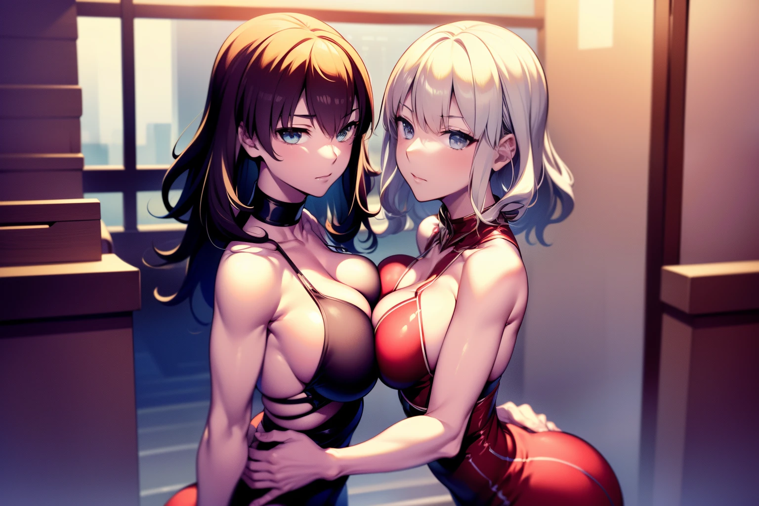 Best Quality, masutepiece, finely detail, huge filesize, Ultra-detailed, hight resolution, the Extremely Detailed CG Unity 8K Wallpapers, extremely detailed eye and face, Ray tracing, Looking at Viewer, Illustration depicting the upper body of a young woman leaning against an office desk,Suit jacket、Emphasis on posture、Lighting emphasizes the contours from the side,bars、shop front,、((2girls)), Highly detailed , Asymmetric docking, face each other、((((Pressing your breasts against each other)))), girls sandwitch,Hephaestion,Pretty woman in a tall red dress