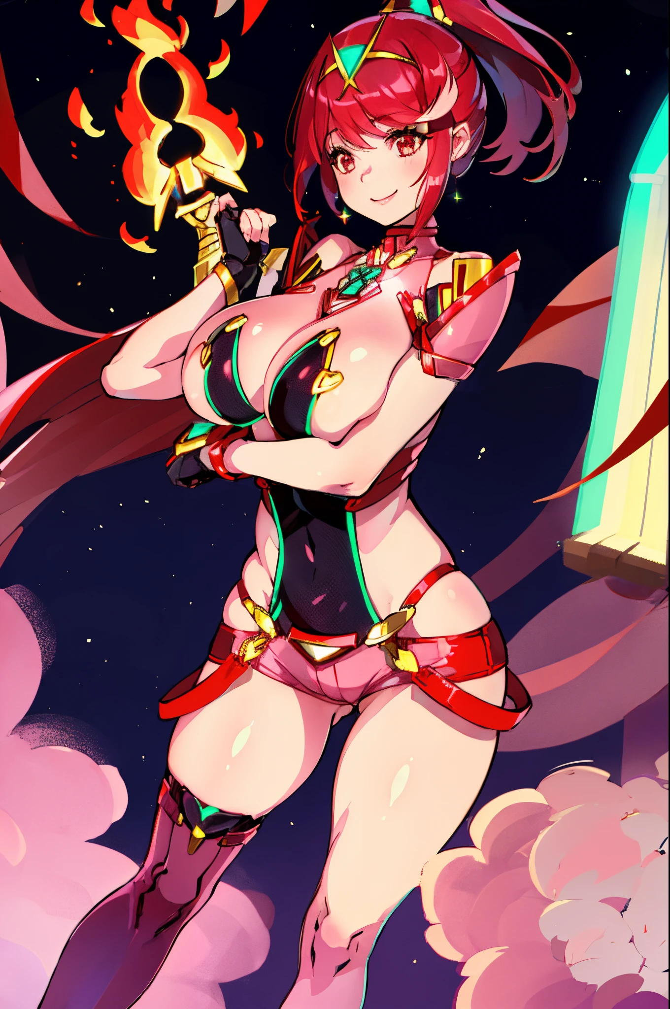 pyra \(xenoblade\), _1girl, lolings, black gloves, breasts, red eyes, shout, earrings, eyelashes, fingerless gloves, floating hair, , gem, gloves, hair ornament, headpiece, jewelry, gigantic_breasts, leaning back, swimsuit, neon trim, official art, pose, red hair, saitou masatsugu, short hair, sidelocks, skin tight, solo, swept bangs, thighhighs, tiara, fantasy_town_background, underbust, xenoblade chronicles \(series\), (xenoblade chronicles 2), (spread_legs:1.1), fire_effect,dynamic_pose,fighting,light_smile, (plump:1.1), big_ass,huge_sword, hold_large_sword_hilt, covered_nipples, covered_pussy, fists,ponytail,beautiful_fingers,(solo:1.1), bare_shoulder,(shoulder_naked:1.2), nipple_jewel,back, back_view, focus_ass,ass, (very_short_shorts:1.3),(lise_leg:1.4)