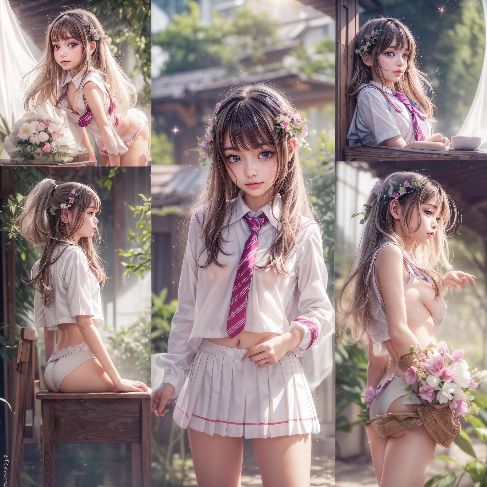 ((David Hamilton:1.37, White and vivid colors))、(Tiny Oppai- Twins:1.37)、{(Dynamic-angle)|(from side)|(from back)|(from below:1.2)}、{(((Kissing face to face)))|(Standing Full Body:1.2)|Wide Shot}、{(Floating hair:1.2)|(Strong wind)|(Ass focus)}、8K best quality、((Masterpiece:1.2、Photo-realistic:1.4)), { kodachrome | realistic | photorealistic | RAW }、((Detailed KAWAII Face、Detailed glistening ivory skin))、Extremely Detailed、Smooth shading、{Zoom Layer|clear focused}、Soft Lighting with many Follow lights、{Childish|Gigantic Cleavage:1.37}、((school uniform with white tiny panties:1.37))、{Flowers|Flower wreath|ssmile|perplexed|seductiv|Different types of hair colors}、{(Light Particles:1.2)|(Lens Flare)|(Luminescent Particles:0.6)}、{Forest Lakeside|Lakeside Cottage|Before dawn|magic hour|morning glow|foggy}、{ Whole Body proportions and all limbs are anatomically accurate | ((no extra limbs)) } .