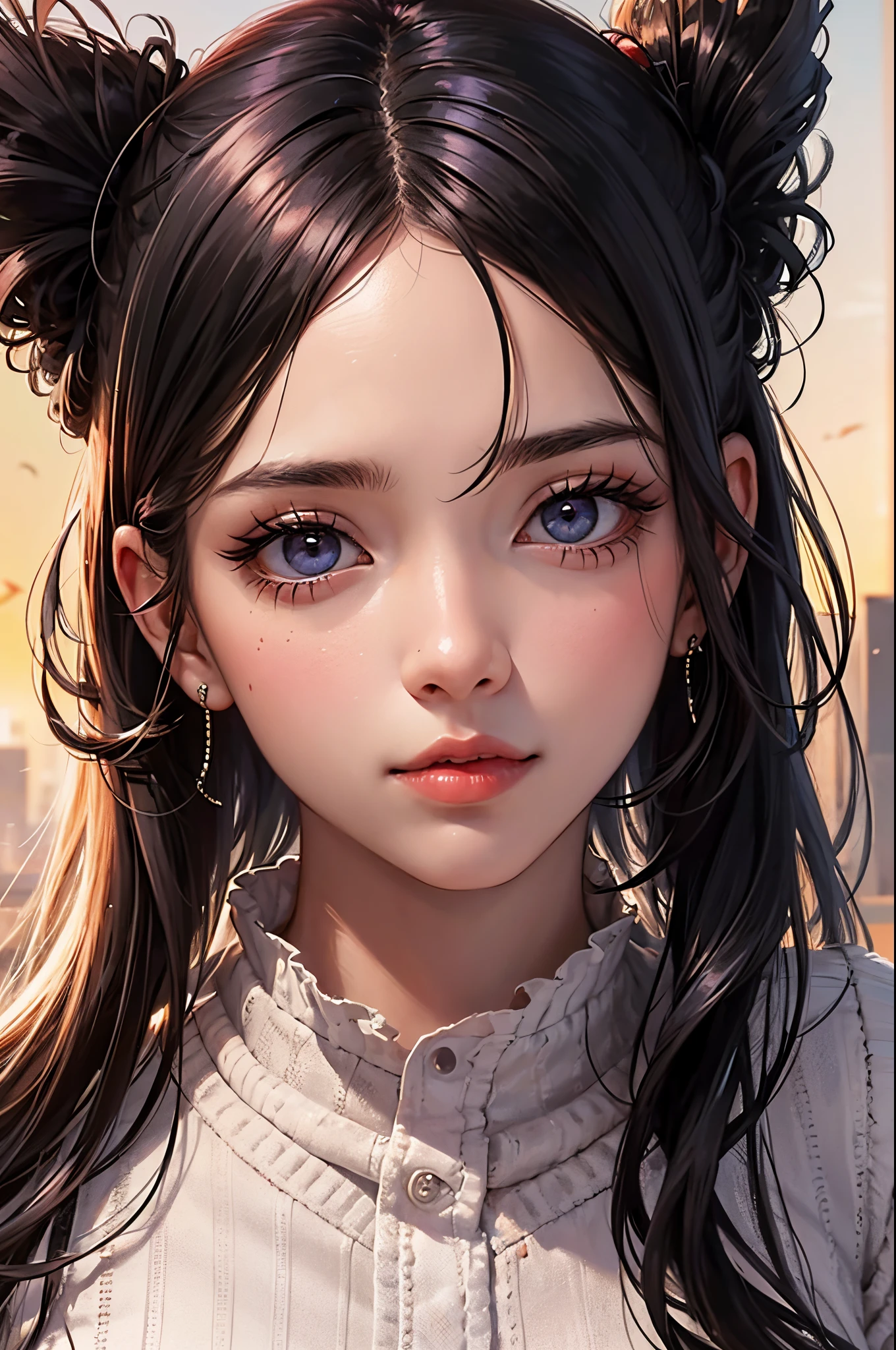 Chica hermosa con los ojos negros, labios rojos, long eyelash, solo rostro, retrato rostro
