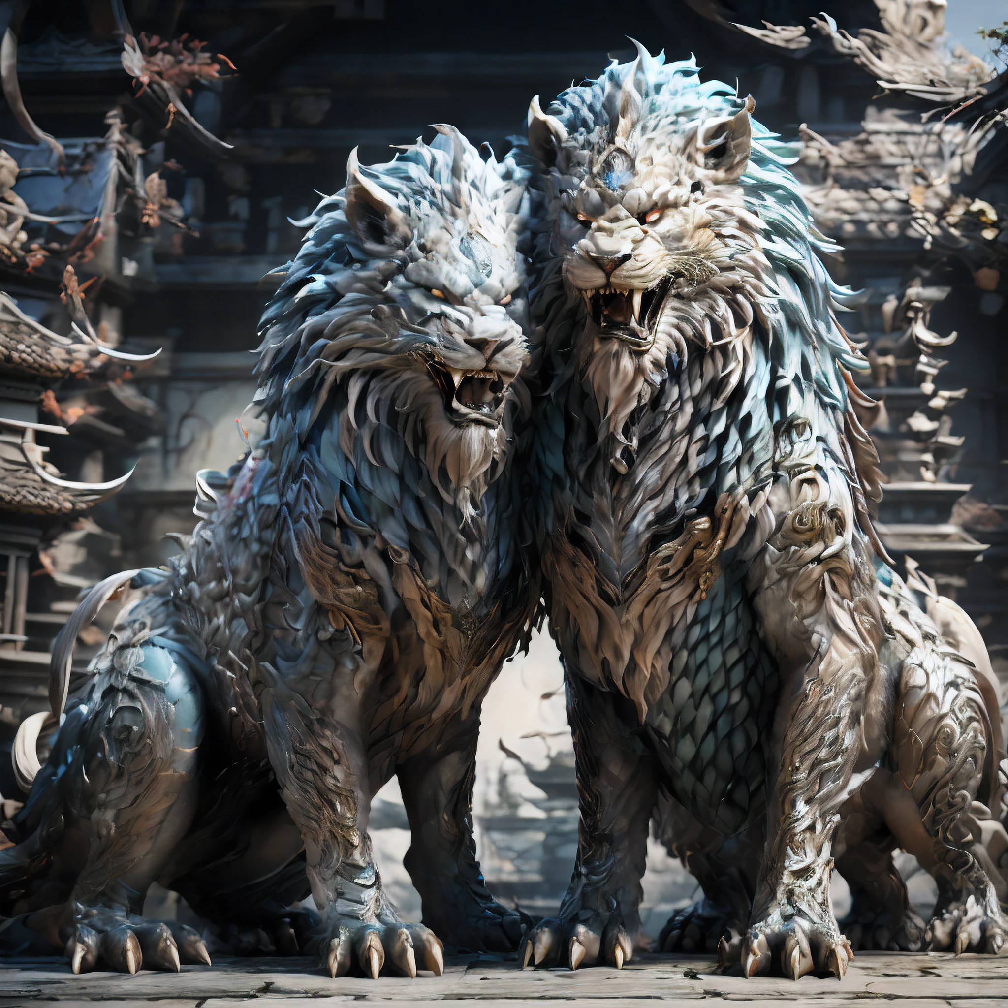 Casal Foo dog, na entrada de um templo，Imagem Ultra HD。