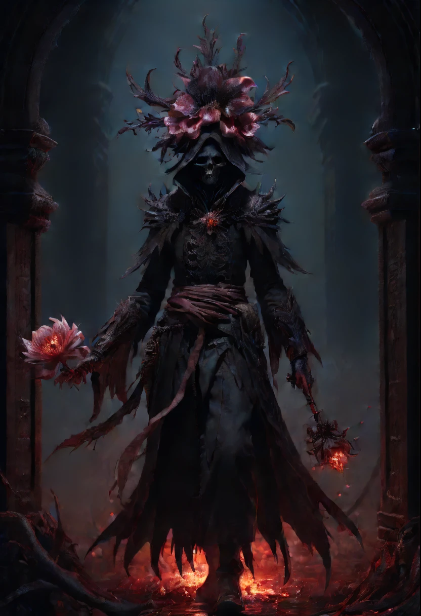 Lycorisradiata，Charming flower of the other side，Mysterious Manzhu Shahua，A bloody ghost flower blooming at the gate of hell，Leading the soul to the afterlife，Evil charm，Flirtatious，uncanny，dark fantasy style art, dark flower shaman, dark fantasy concept art, bloodborne concept art, dark concept art, Feiyu looking for flowers, Diablo digital concept art, dark fantasy art style, Dark flowers, 🌺 CG Society, bloodborne art, photorealistic dark concept art, Concept film, Ruben Tan