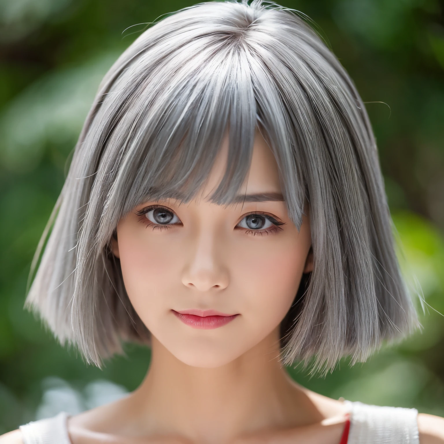Gray hair, red eyes, short bob, natural perm