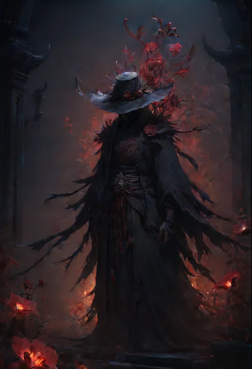 Lycorisradiata，Charming flower of the other side，Mysterious Manzhu Shahua，A bloody ghost flower blooming at the gate of hell，Leading the soul to the afterlife，Evil charm，Flirtatious，uncanny，dark fantasy style art, dark flower shaman, dark fantasy concept art, bloodborne concept art, dark concept art, Feiyu looking for flowers, Diablo digital concept art, dark fantasy art style, Dark flowers, 🌺 CG Society, bloodborne art, photorealistic dark concept art, Concept film, Ruben Tan