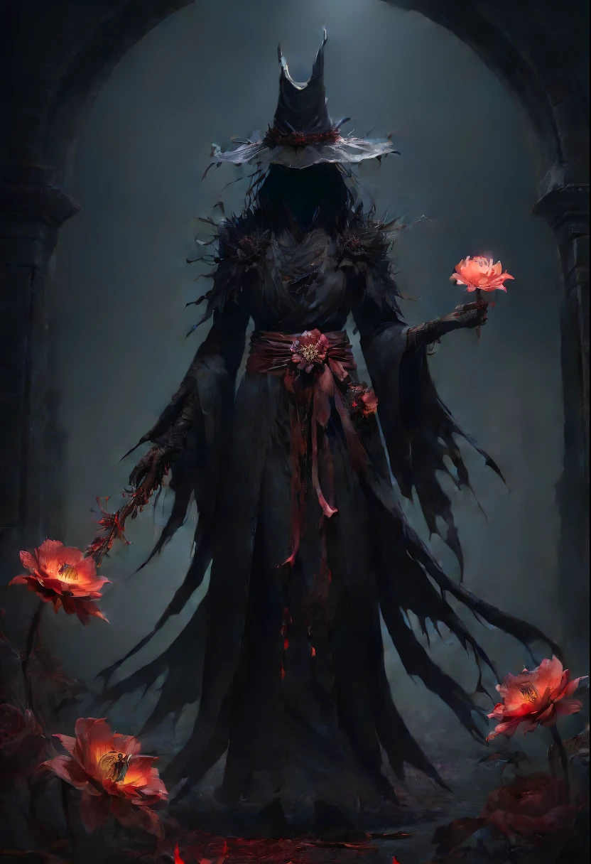 Lycorisradiata，Charming flower of the other side，Mysterious Manzhu Shahua，A bloody ghost flower blooming at the gate of hell，Leading the soul to the afterlife，Evil charm，Flirtatious，uncanny，dark fantasy style art, dark flower shaman, dark fantasy concept art, bloodborne concept art, dark concept art, Feiyu looking for flowers, Diablo digital concept art, dark fantasy art style, Dark flowers, 🌺 CG Society, bloodborne art, photorealistic dark concept art, Concept film, Ruben Tan