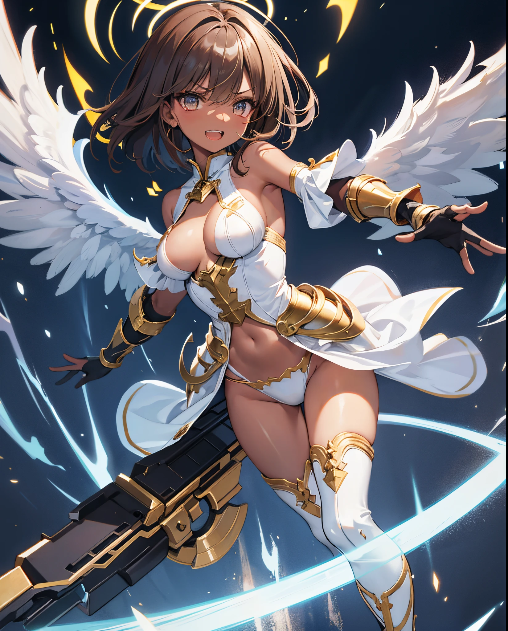 fantasy, 1angel_girl,child, loli,brown_hair, medium_bob_hair, long_bangs, halo,bare_shoulder,thighhighs,silver_armor, waist_armor, large_breasts,angry,grinning,open_mouth_teeth, 1pair_wings, dynamic_pose_fighting,floating, bare_crotch, headgear,gauntlet, greaves,city_sky_background,slightly_spread_legs, solo, groin_naked,dark_skin,