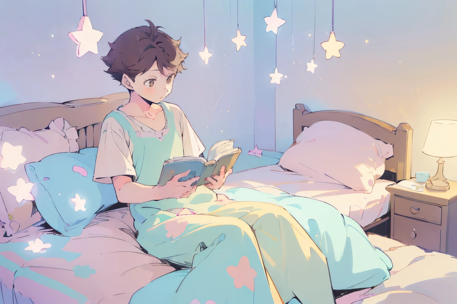 ((2 boys sitting on bed)), oikawa tooru,brown hair,brown eyes,reading a book, bedroom, cute room, pastel colors,kawaiitech,cute colors,kawaii,stars are hanging above bed,bedtime stories,masterpiece,ultra detailed,flat coloring,cute flat colors