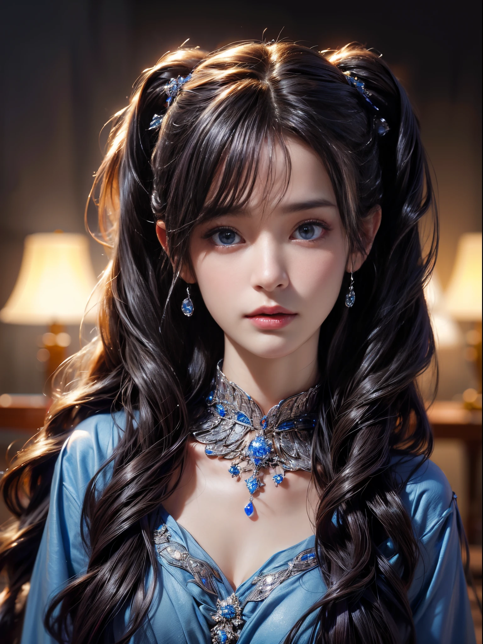 (best quality,4k,8k,highres,masterpiece:1.2),ultra-detailed,(realistic,photorealistic,photo-realistic:1.37),HDR,UHD,studio lighting,extreme detail description,beautiful detailed eyes,beautiful detailed lips,extremely detailed eyes and face,long eyelashes,lonely girl,in the corner,staring at the sky,solitude,collar,hair between eyes,stars (symbol),long hair,dark purple hair,twin tails,blue eyes,sparkling eyes.