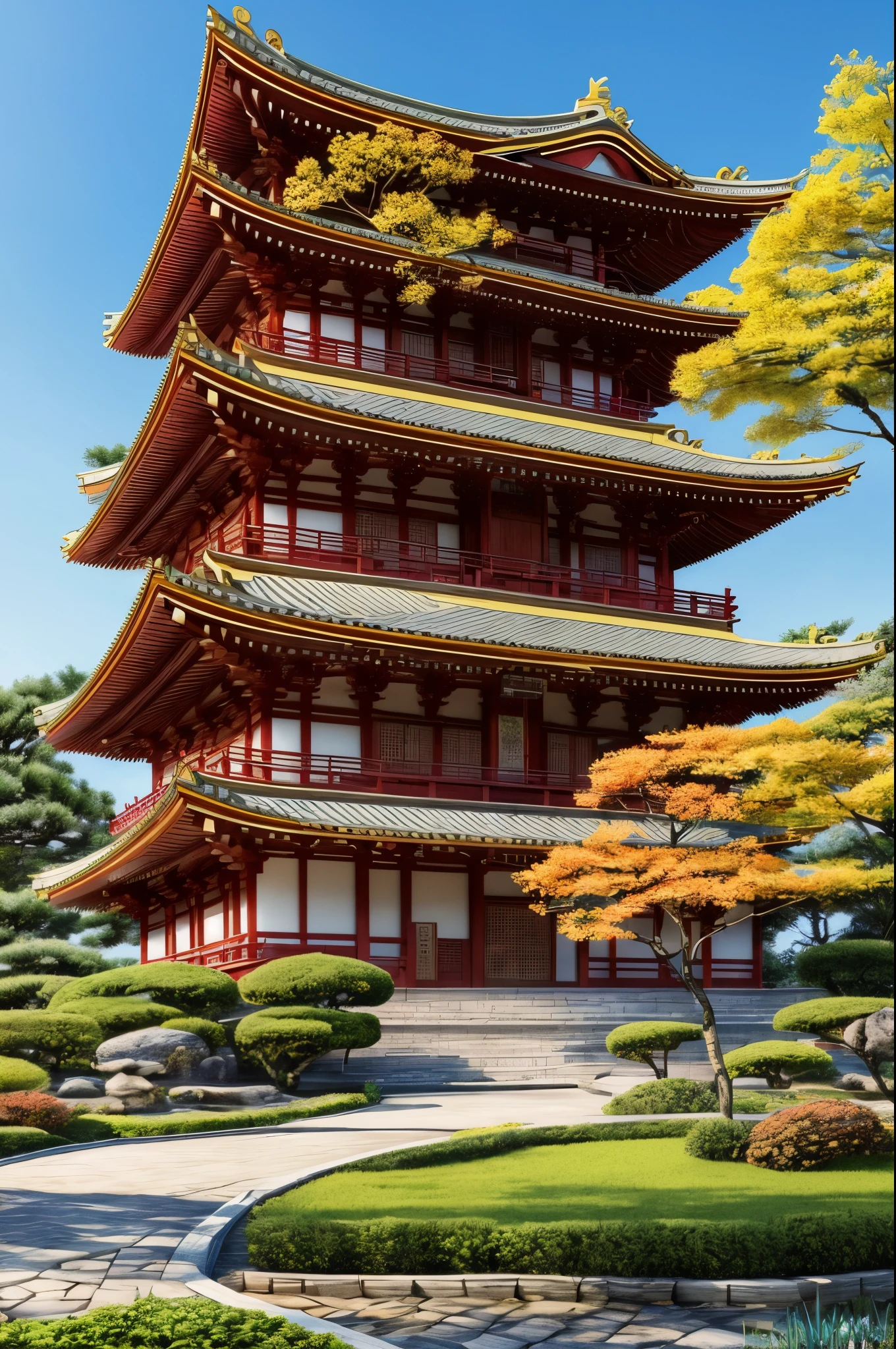 ((top-quality, in 8K, masterpiece)), Beautiful Japan scenery, Colored leaves, ((Five-story temple)), ((flower garden)), ((Dry landscapes)), Beautiful building, Fascinating architecture, a photorealistic rendering, real life structure, Realistic scenery, charming temple, High Quality DSLR Photography, Professional Photography, photo portrait 8k,realistic 3 d style, beautifulRealistic, 3d realistic, hyper realstic,
