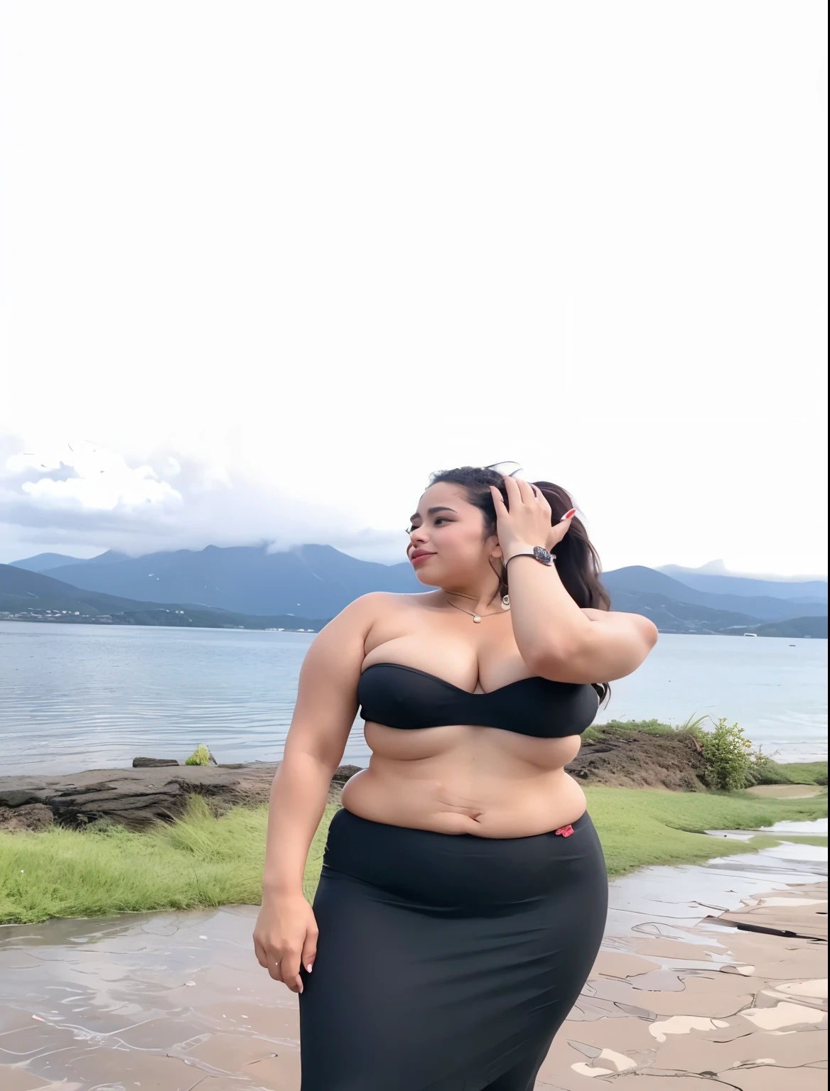 Disney Pixar a girl wearing black strapless bra and long fitted black skirt, standing side view pose her left hand covering her half face with black sruncy in her hand at the beach