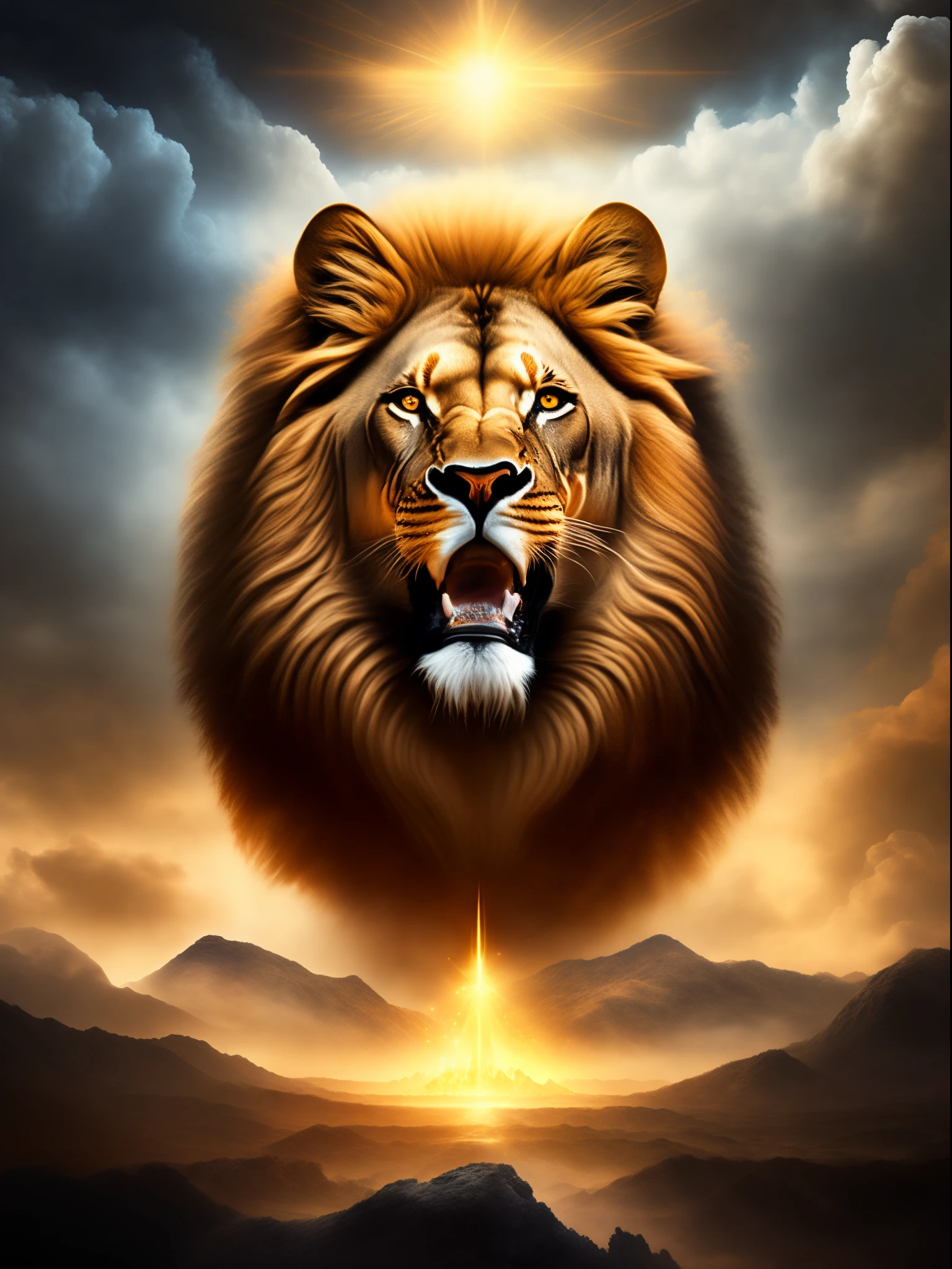 Cor Preta predominante, highlighted lion roaring, Labaredas de fogo, Diamond Crown on the Lion&#39;s Head, Elementos de fundo Menorah, Letras das 12 tribos de Israel, Apocalipse, Armagedom, Arrebatamento, New Jerusalem, Trombetas, Trono, 50 Elders, sobrenatural, thunders, Estrelas, Nuvens, Salvation of the People, Anjos