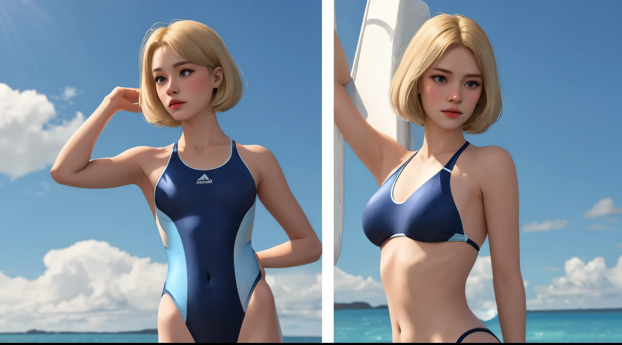 Blonde shorthair parting the hair in the middle Light blue swimsuit Clean